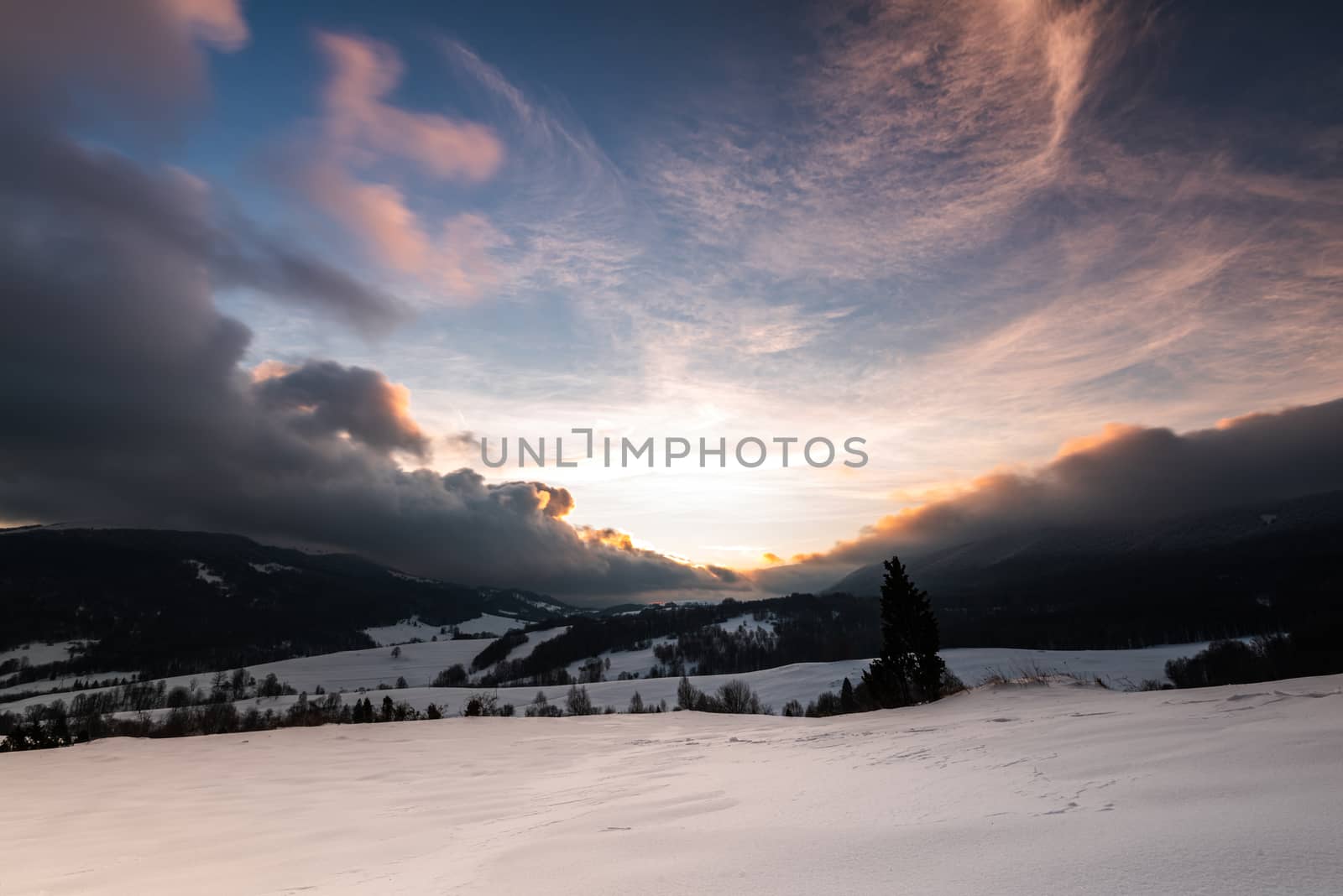 Sunrise at Bieszczady Mountains in Carpathia, Poland at Winter S by merc67