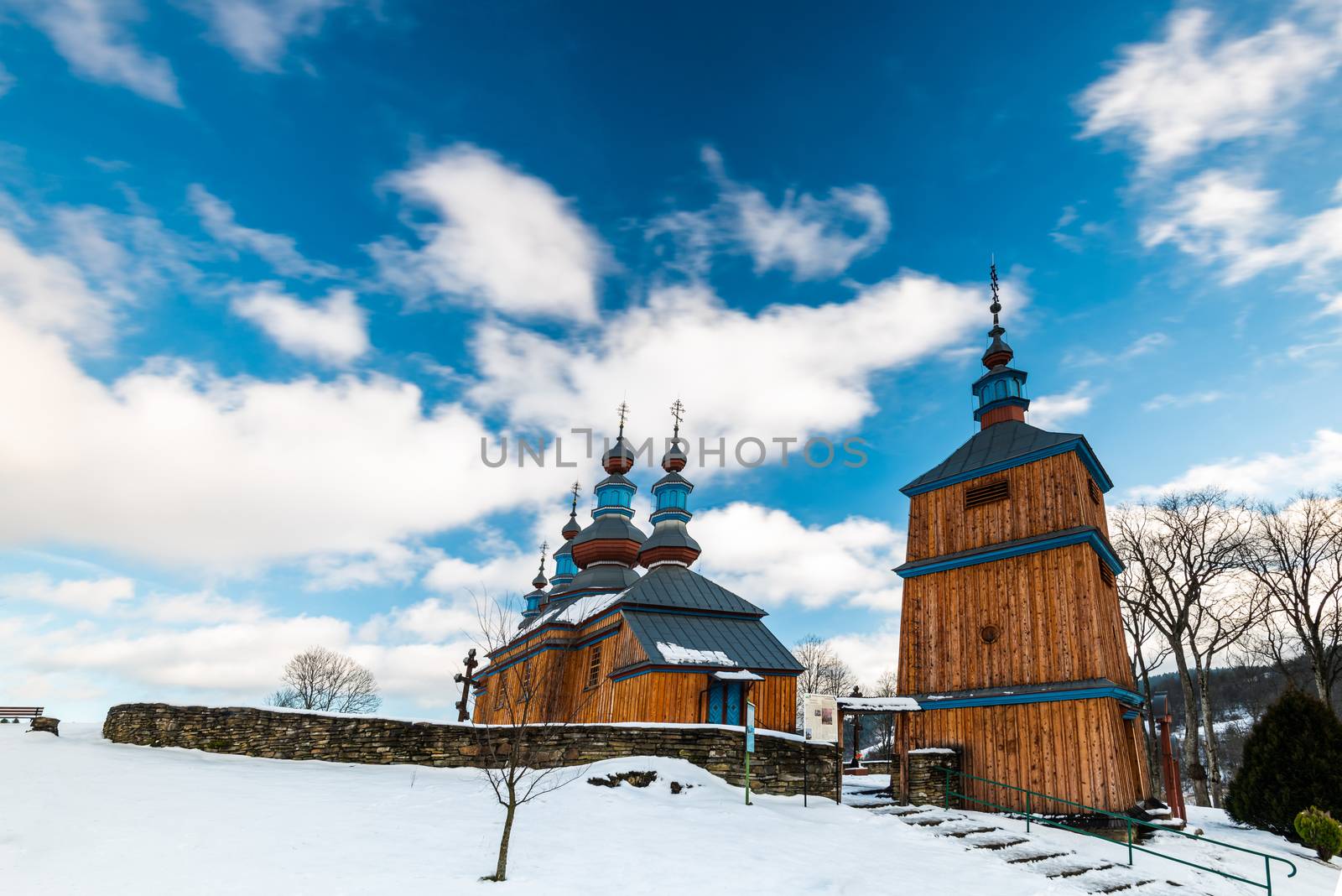 Exterior of Komancza Wooden Orthodox Church.  Bieszczady Architecture in Winter. Carpathia Region in Poland.