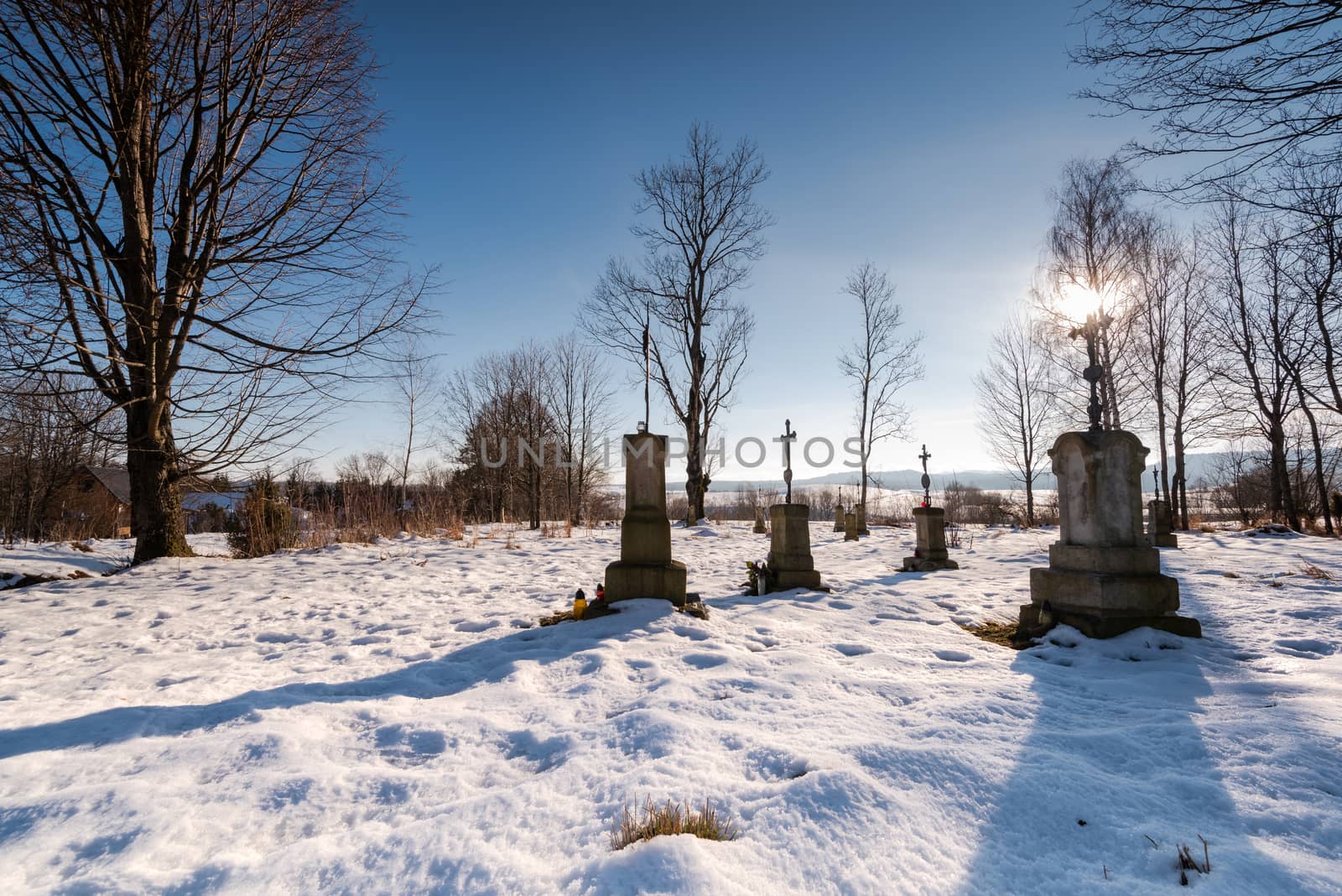 Small Cemetary in Bieszczady Village Bystre at Winter Time Covered in Snow.