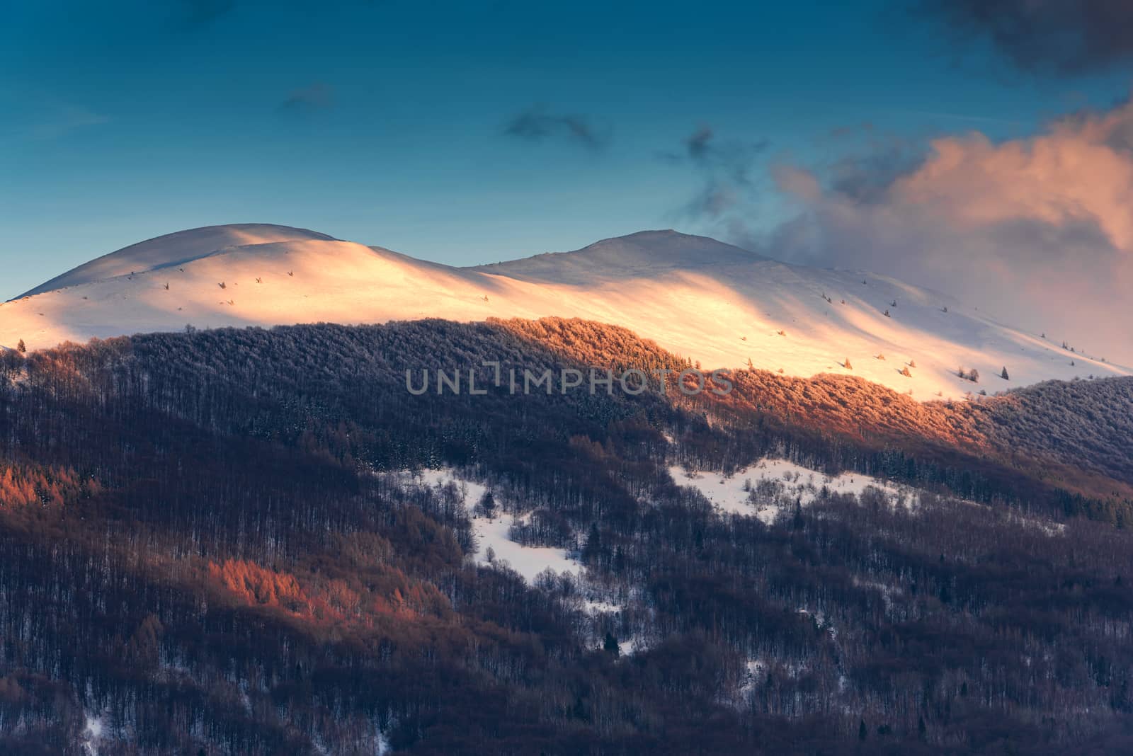 Polonyna Carynska and Wetlinska in Carpathian Mountains at Winter Season. Bieszczady, Poland .