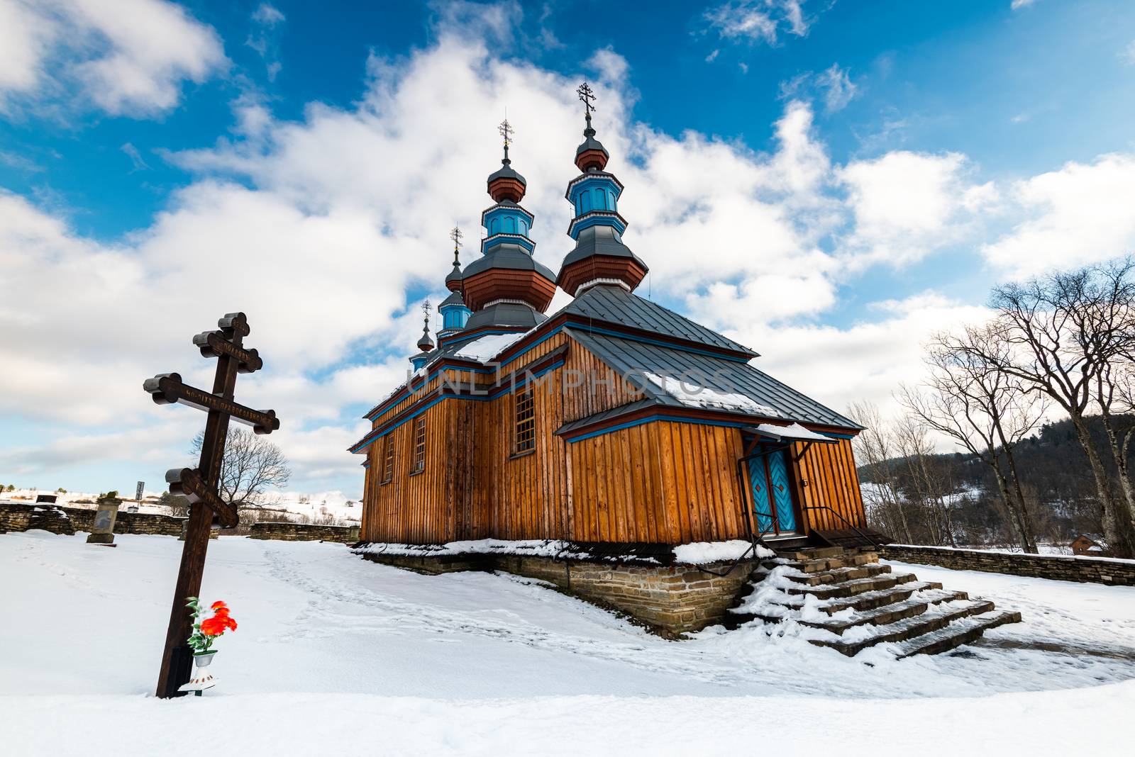 Exterior of Komancza Wooden Orthodox Church.  Bieszczady Architecture in Winter. Carpathia Region in Poland.