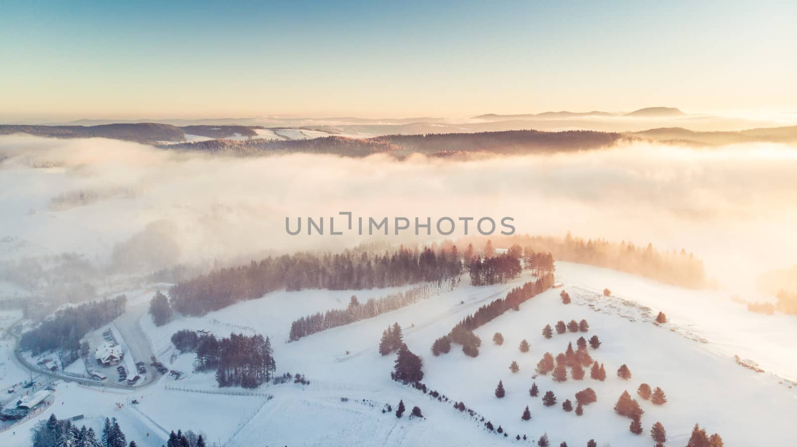 Aerial Panoramic View Over Valley in Winter Season. Slotwiny near Krynica in Poland.