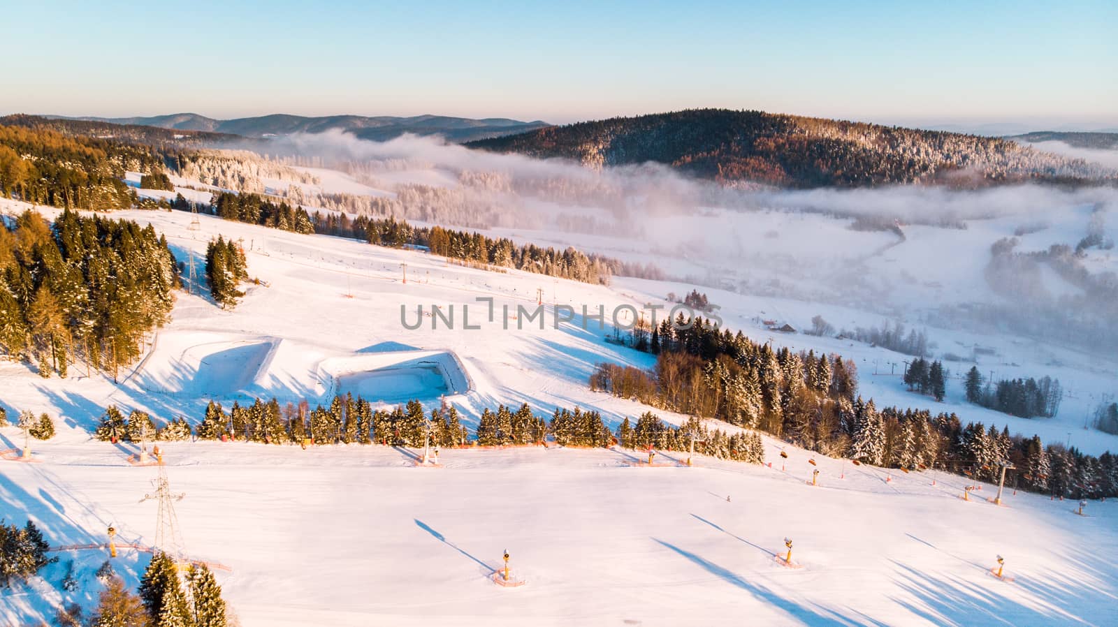 Slotwina Ski Lift near Krynica in Poland at Sunrise in Winter Se by merc67