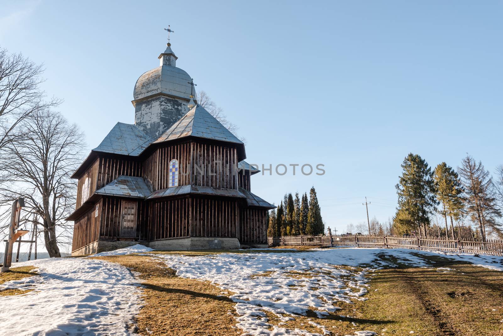 Exterior of Hoszowczyk Wooden Orthodox Church.  Bieszczady Architecture in Winter. Carpathia Region in Poland.