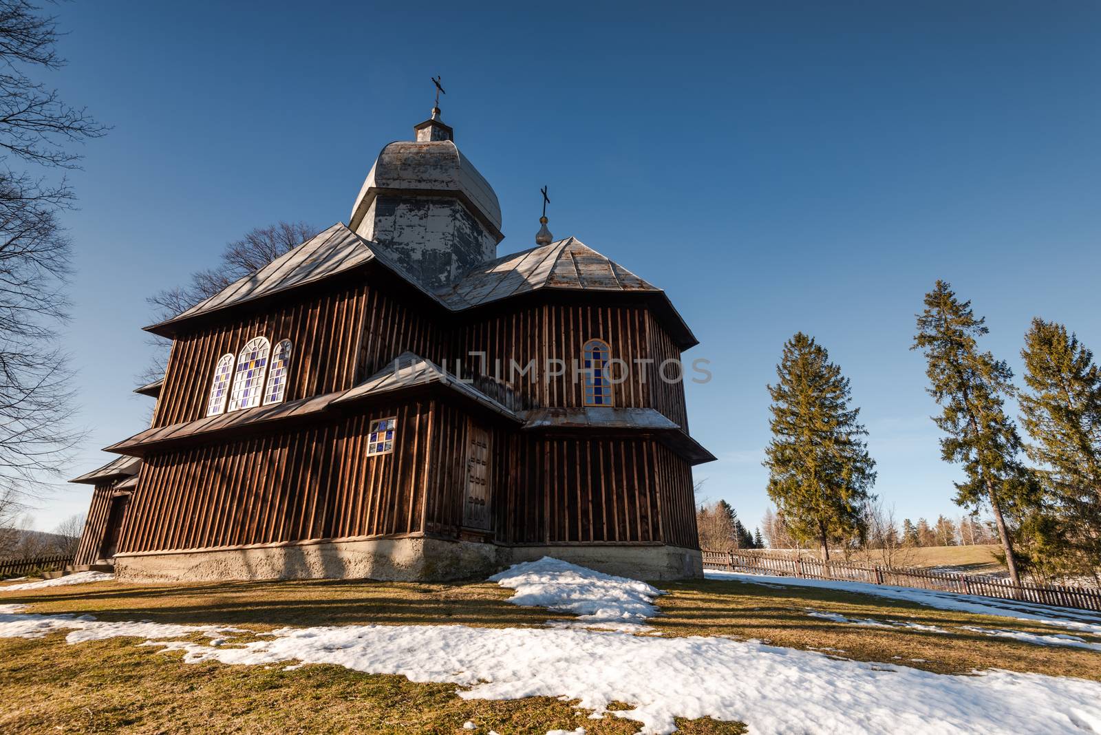 Wooden Orthodox Church in Hoszowczyk. Carpathian Mountains and Bieszczady Architecture in Winter.