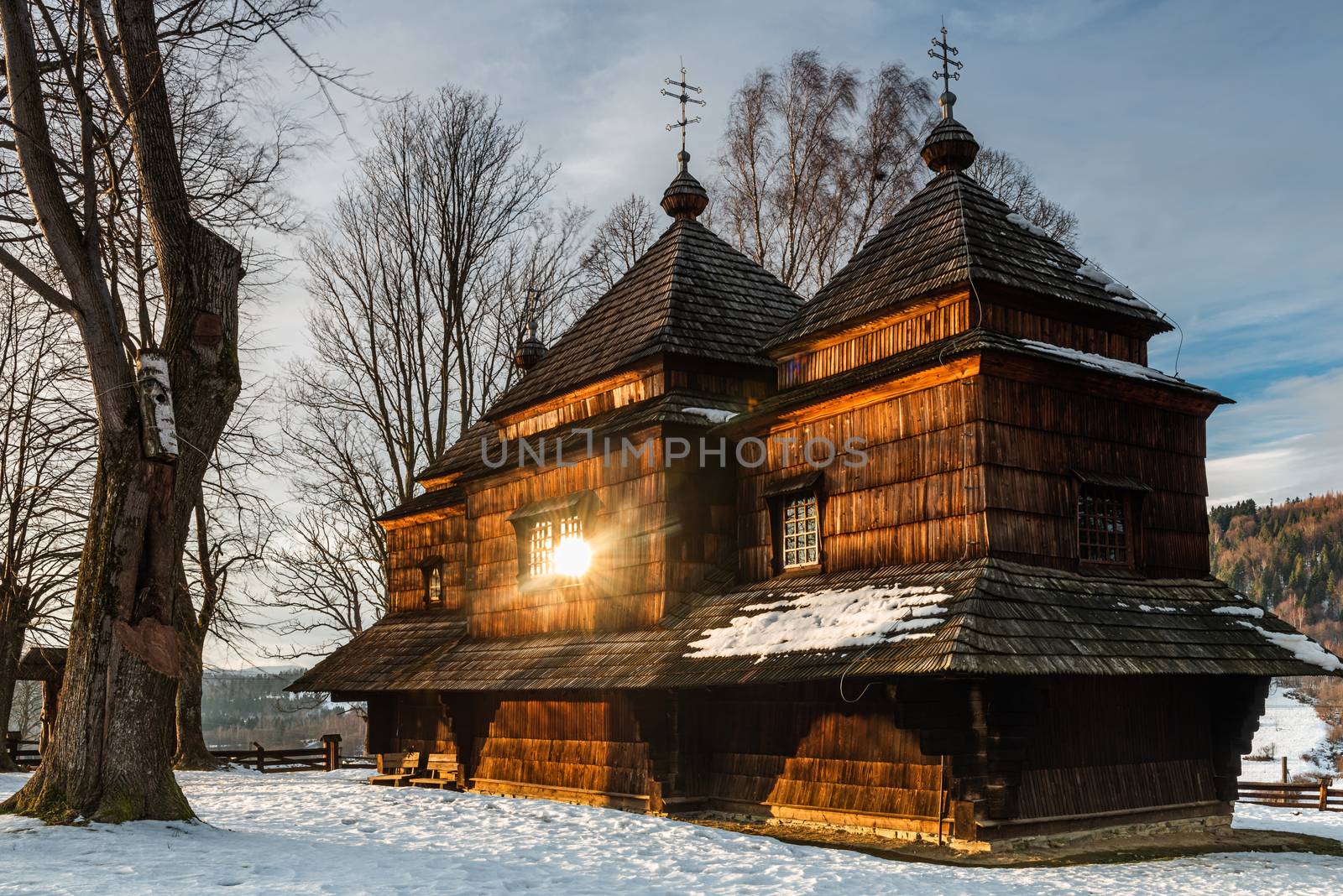 Smolnik Wooden Orthodox Church. Carpathian Mountains Architecture. Bieszczady at Winter Season.