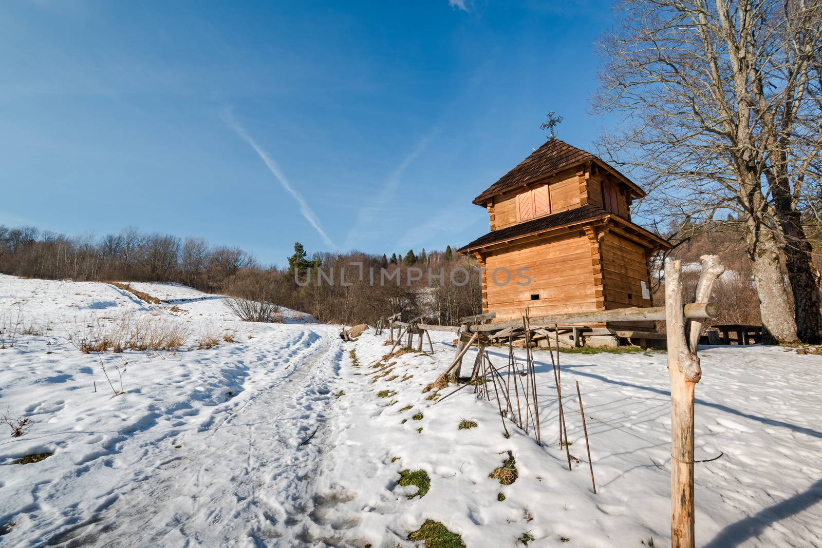 Exterior of Lopienka Orthodox Church.  Bieszczady Architecture in Winter. Carpathia Region in Poland.