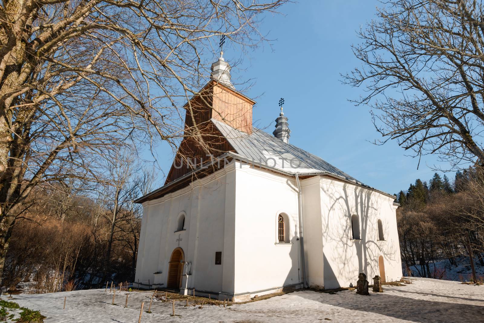 Orthodox Church in Lopienka. Carpathian Mountains and Bieszczady Architecture in Winter.