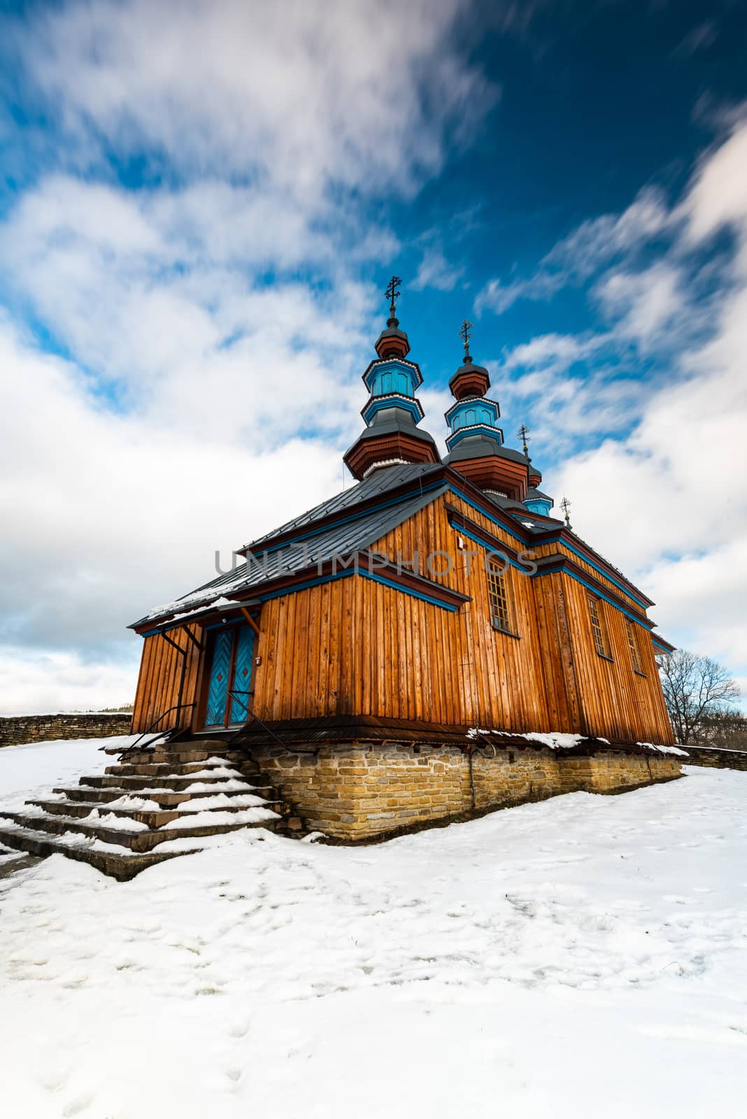 Komancza Wooden Orthodox Church. Carpathian Mountains Architecture. Bieszczady at Winter Season.