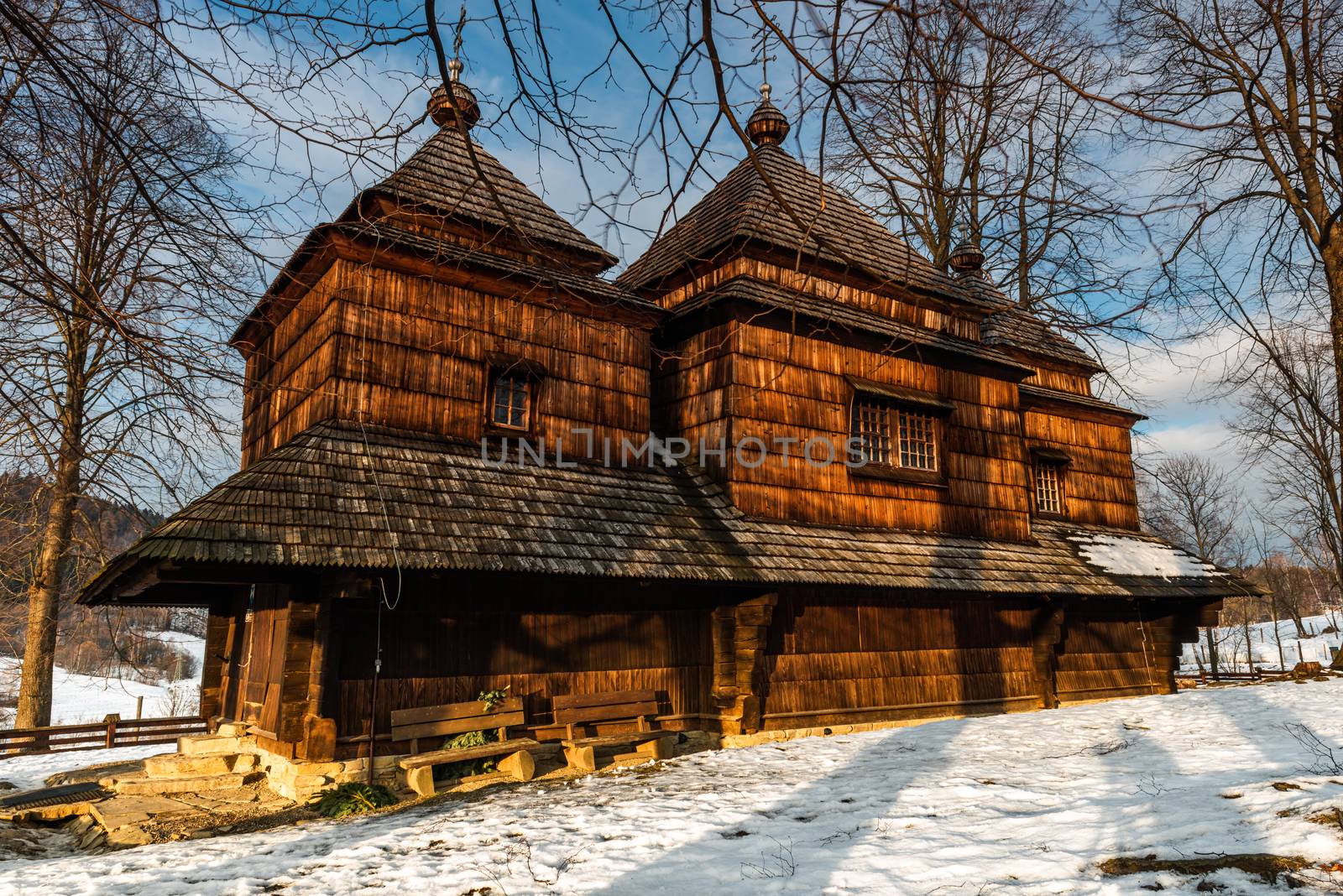 Exterior of Smolnik Wooden Orthodox Church.  Bieszczady Architecture in Winter. Carpathia Region in Poland.