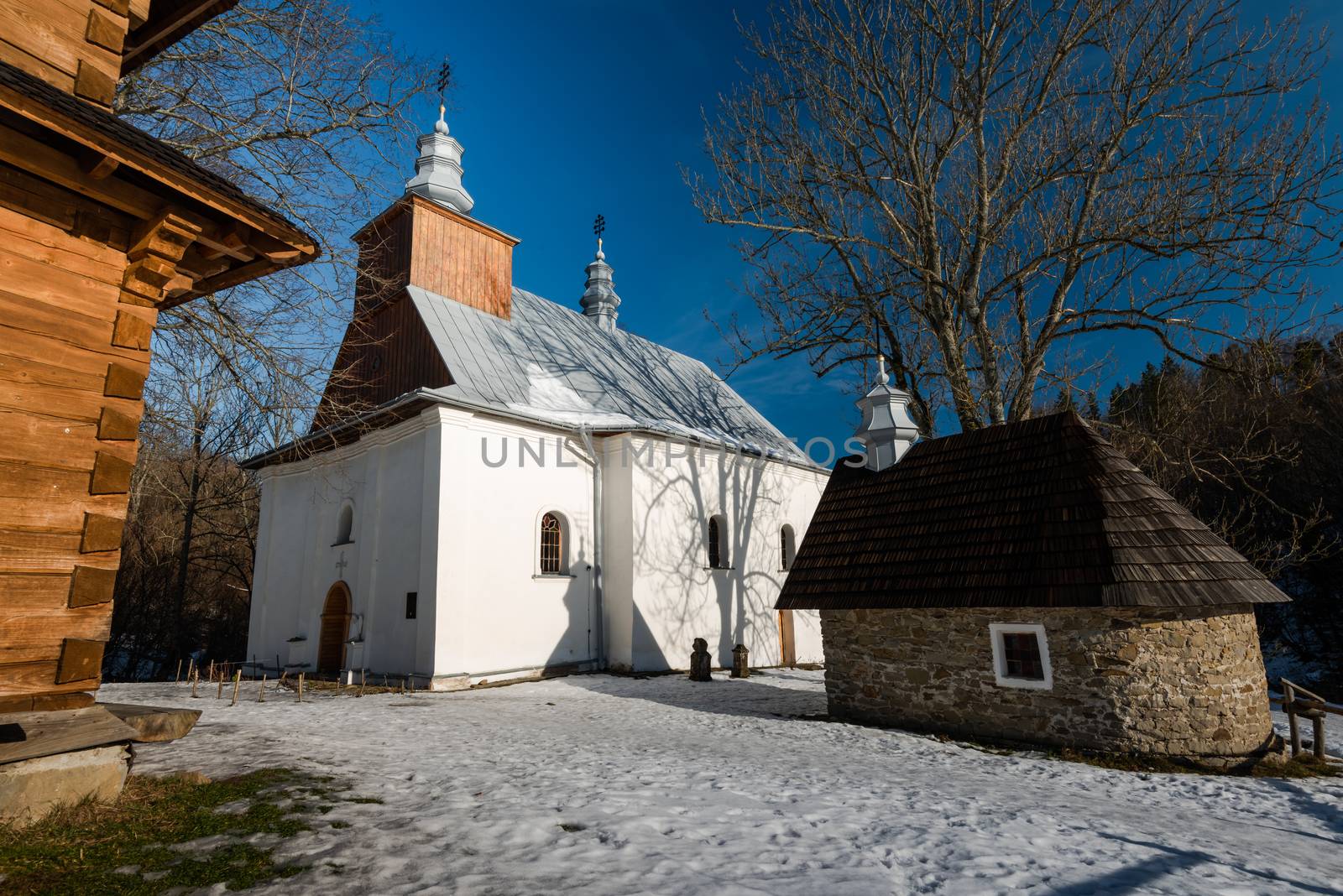 Orthodox Church in Lopienka. Carpathian Mountains and Bieszczady Architecture in Winter.