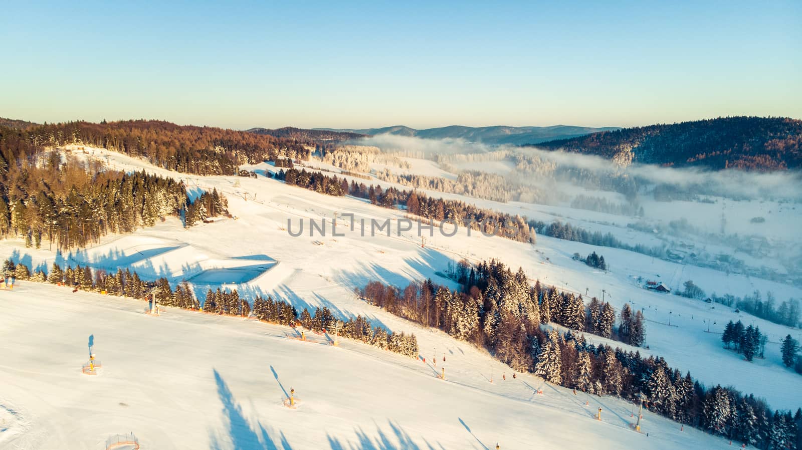 Aerial Panoramic View Over Valley in Winter Season. Slotwiny nea by merc67