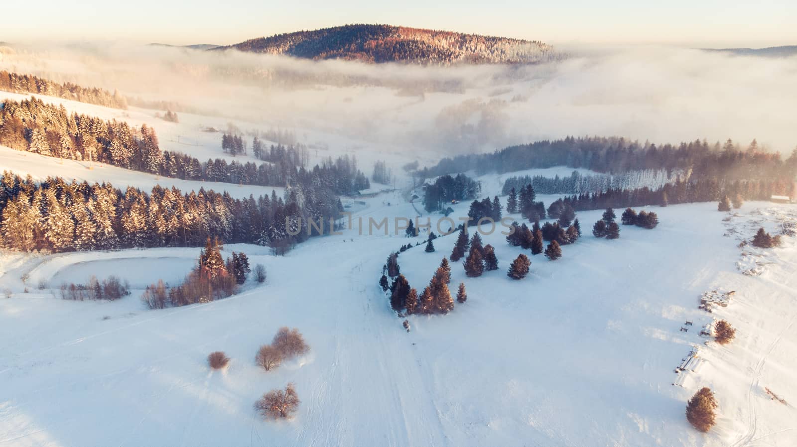 Aerial Panoramic View Over Valley in Winter Season. Slotwiny near Krynica in Poland.