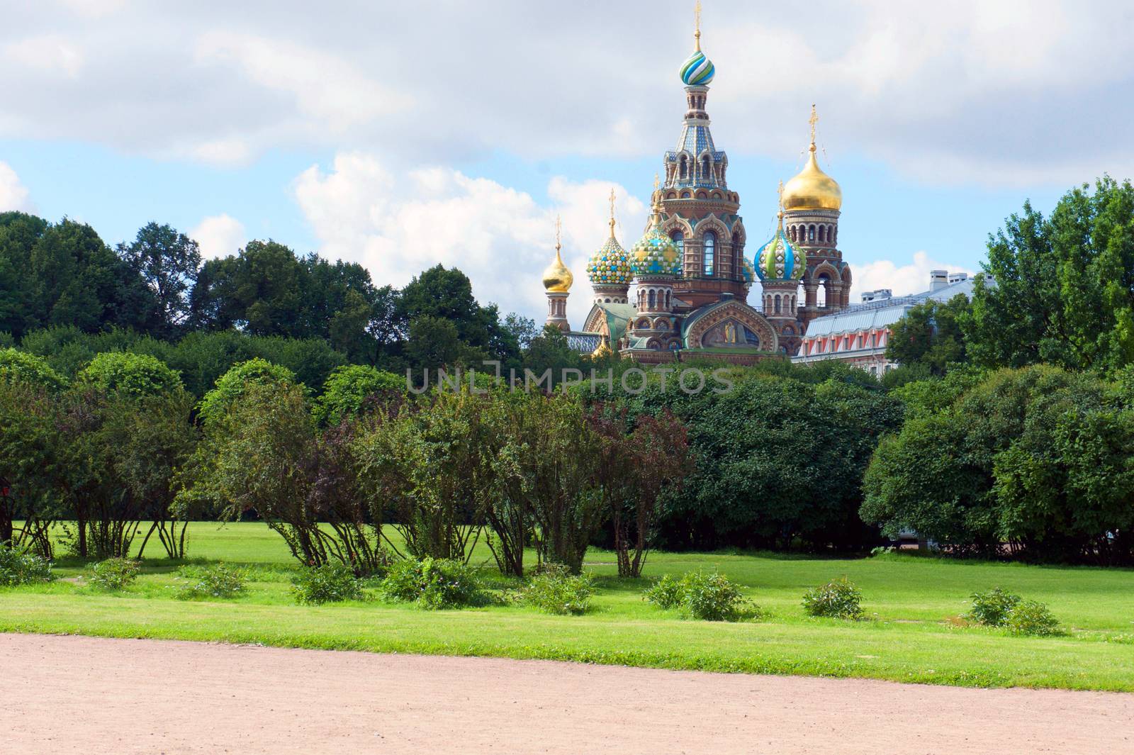 Field of Mars Park and Spilled Blood Cathedral in St. Petersburg, Russia