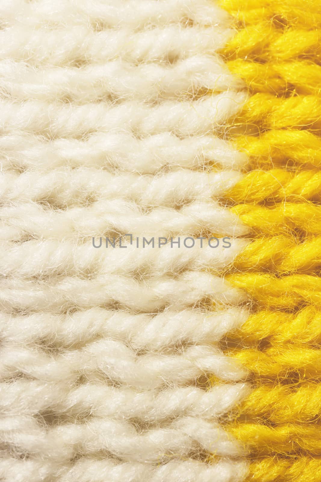 White Yellow Wool Knitting Texture. Horizontal Along Weaving Crochet Detailed Rows. Sweater Textile Background. Macro Closeup.