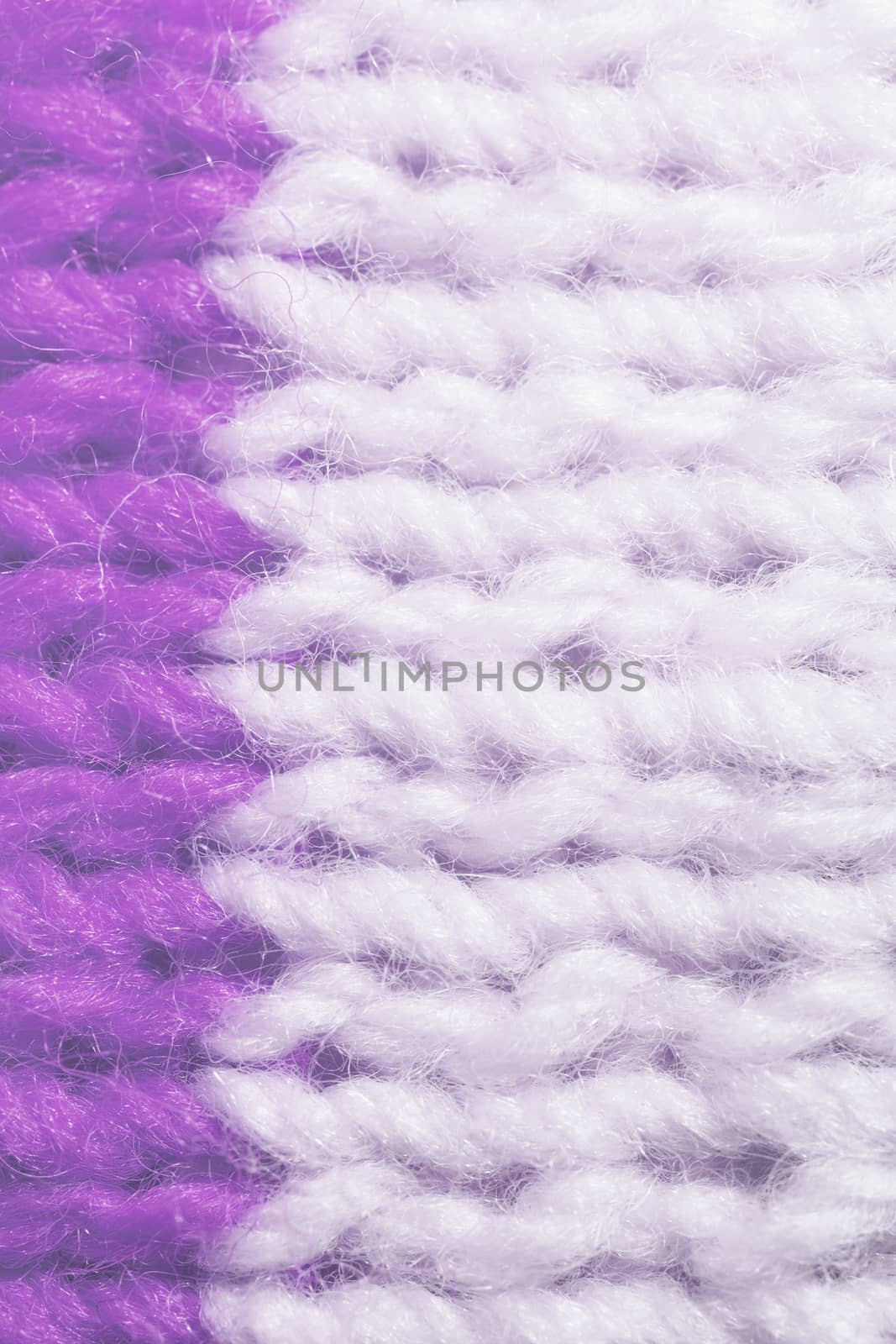 Violet White Wool Knitting Texture. Horizontal Along Weaving Crochet Detailed Rows. Sweater Textile Background. Macro Closeup.