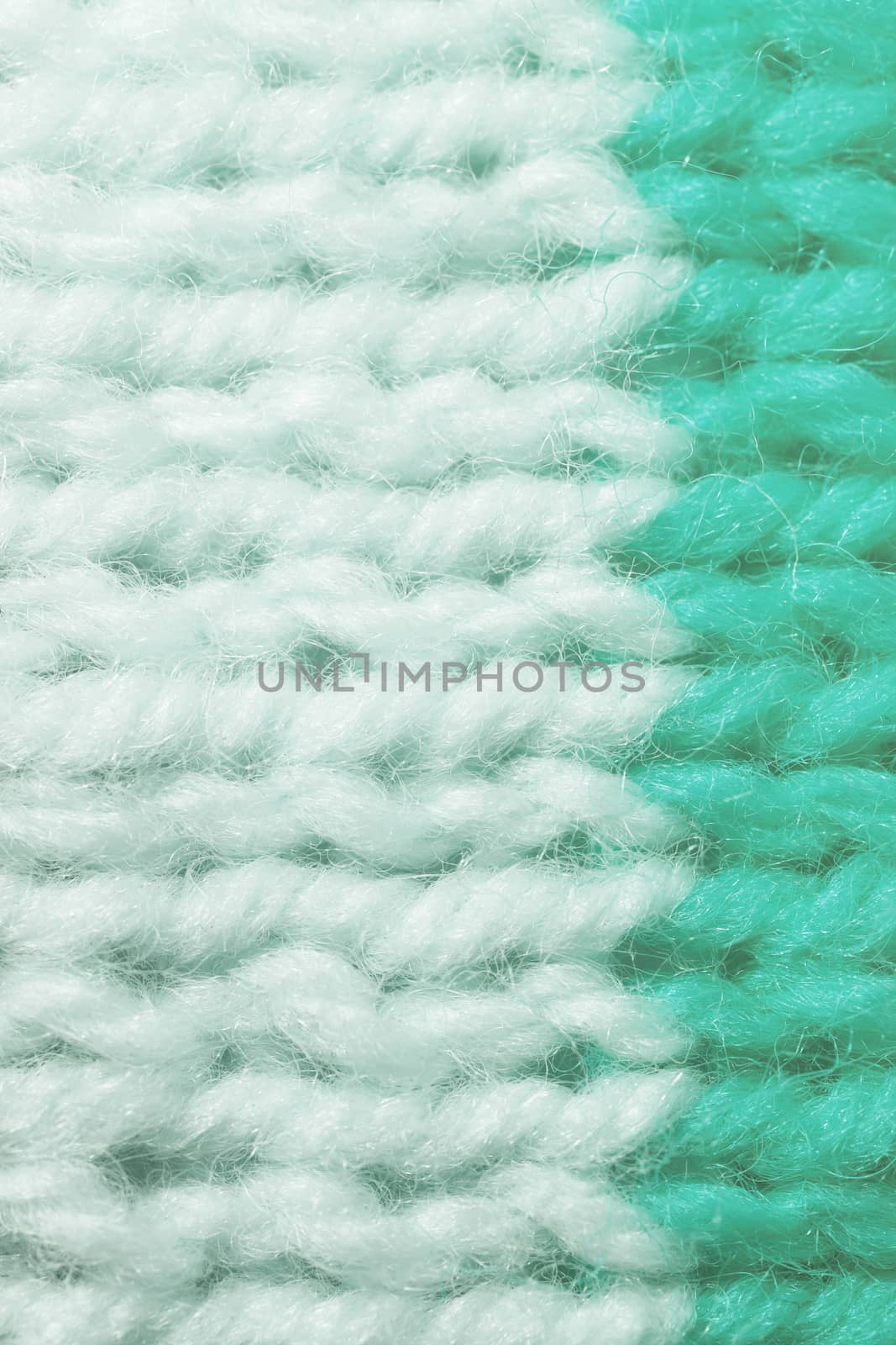 White Turquoise Wool Knitting Texture. Horizontal Along Weaving Crochet Detailed Rows. Sweater Textile Background. Macro Closeup.