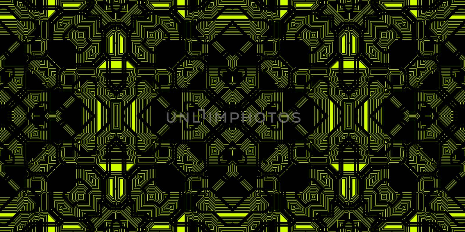 Black Yellow Seamless Techno Lines Pattern. Futuristic Geometry Background. Laser Technical Design Texture.