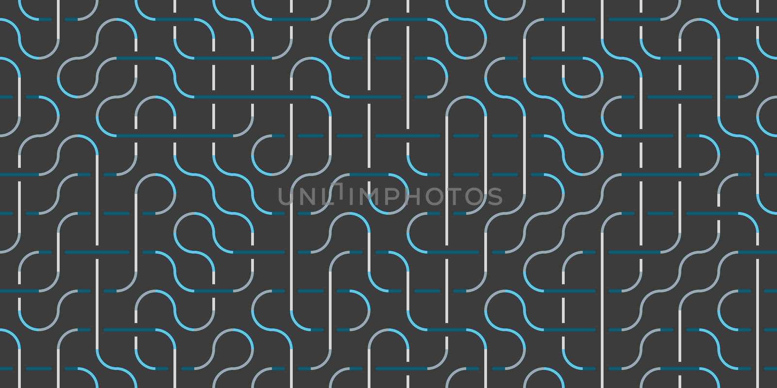 Blue Seamless Swirl Lines on Grey Background. Elegant Modern Stripe Pathway Texture. Labyrinth Line Backdrop.