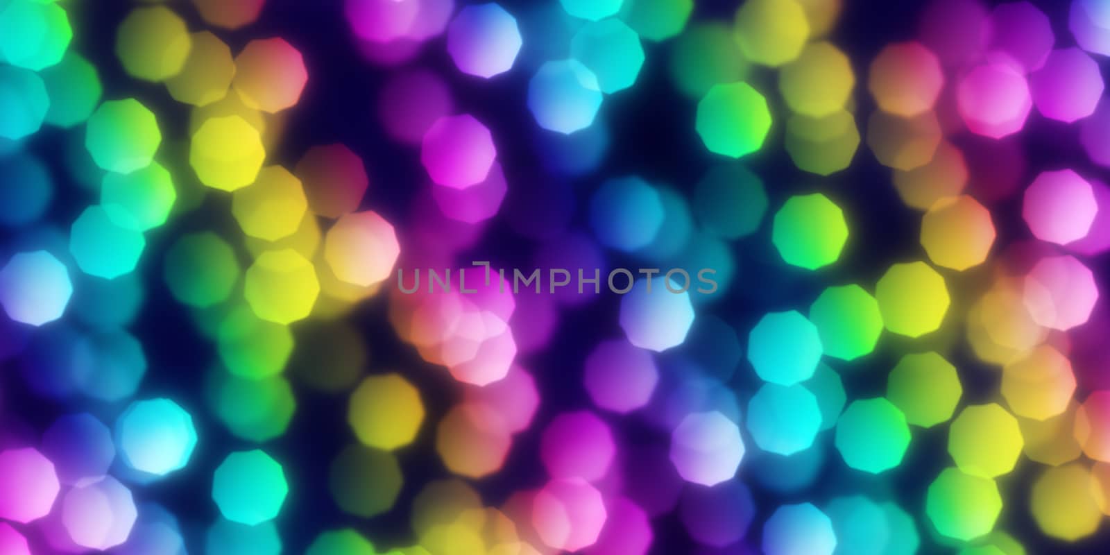 Rainbow Pentagon Shapes Bokeh Background. Abstract Figure Night Lights Texture. Abstract Glowing Forms Backdrop.