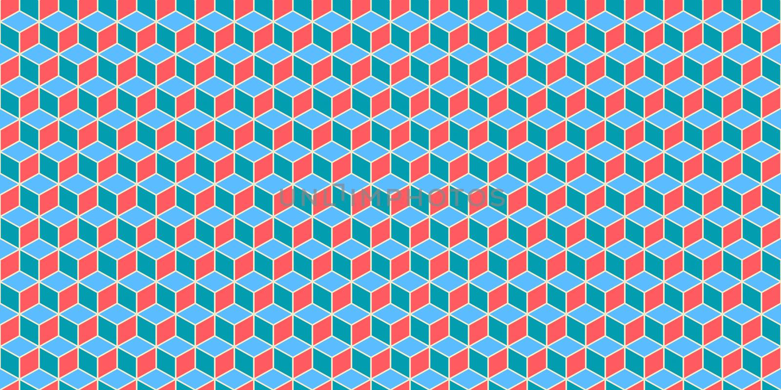 Red Blue Seamless Cube Pattern Background. Isometric Blocks Texture. Geometric 3d Mosaic Backdrop.