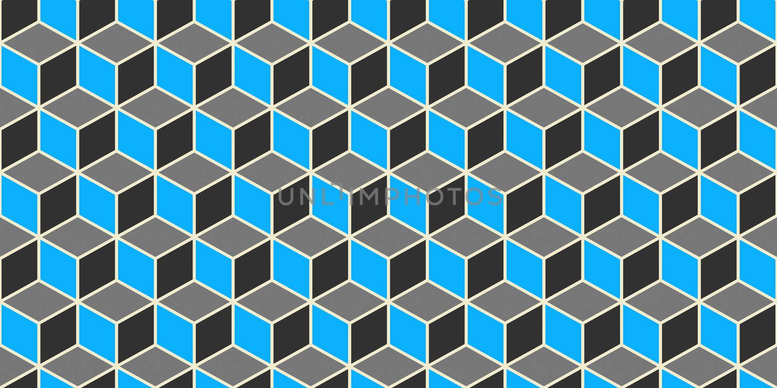 Blue Grey Seamless Cube Pattern Background. Isometric Blocks Texture. Geometric 3d Mosaic Backdrop.