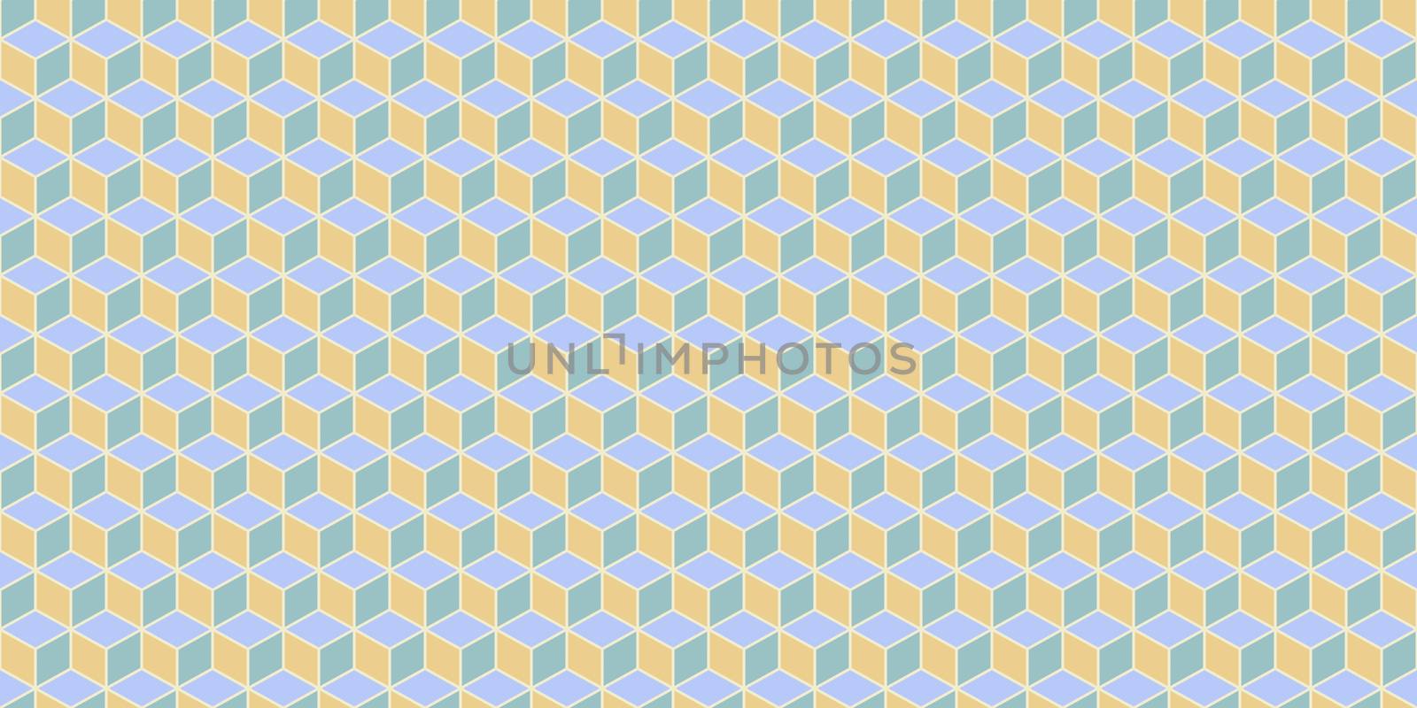Yellow Sky Blue Seamless Cube Pattern Background. Isometric Blocks Texture. Geometric 3d Mosaic Backdrop.