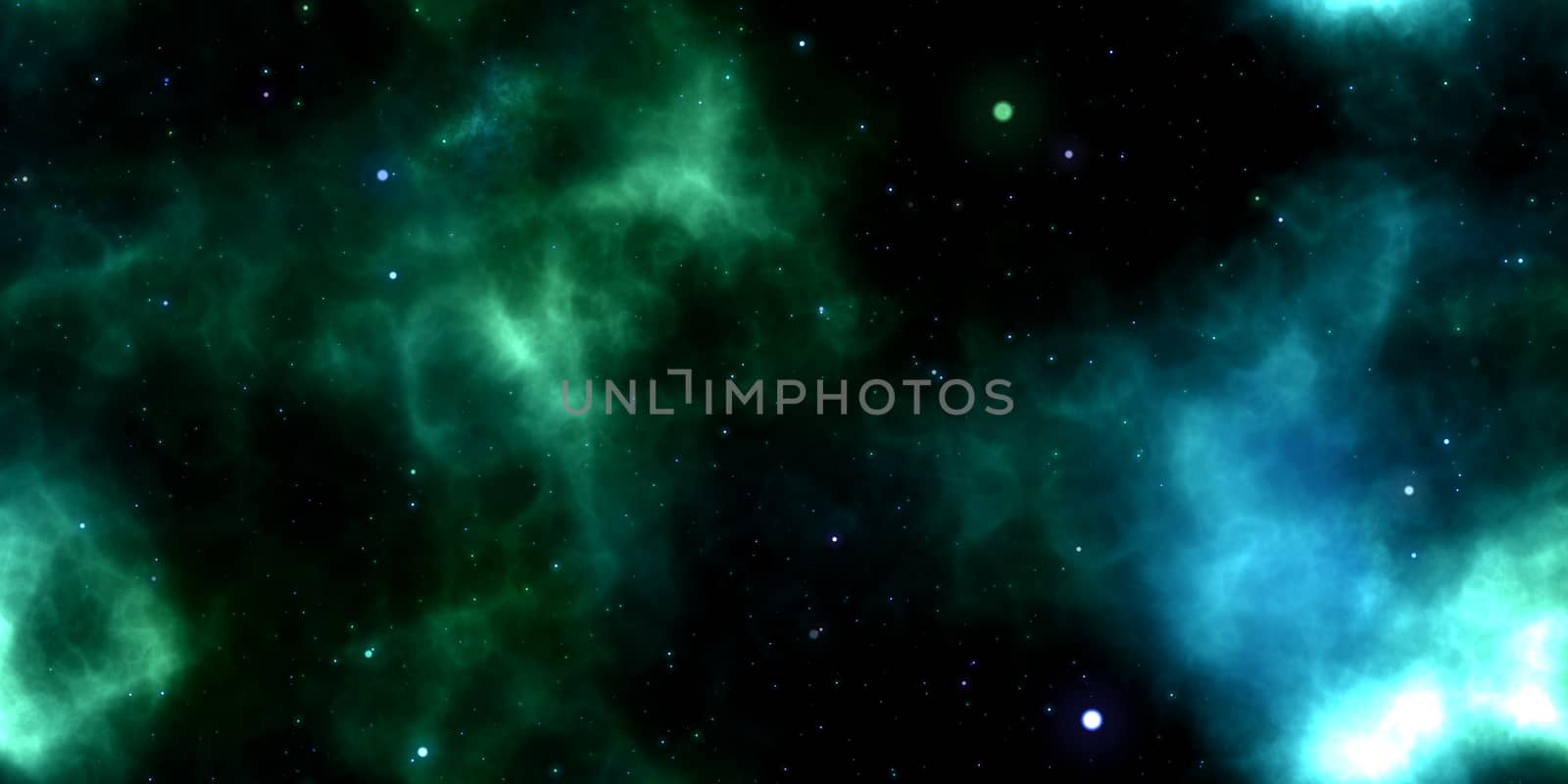Green Clouds on Night Sky Galaxy Background. Abstract Cosmos Infinity Texture. 3D Rendering. 3D Illustration.