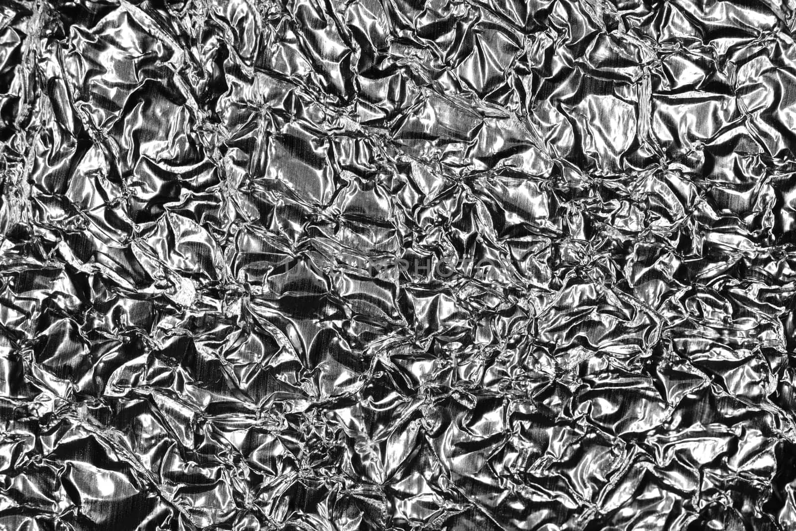 Monochrome Metallic Crumpled Foil Texture. Black & White Background. by sanches812