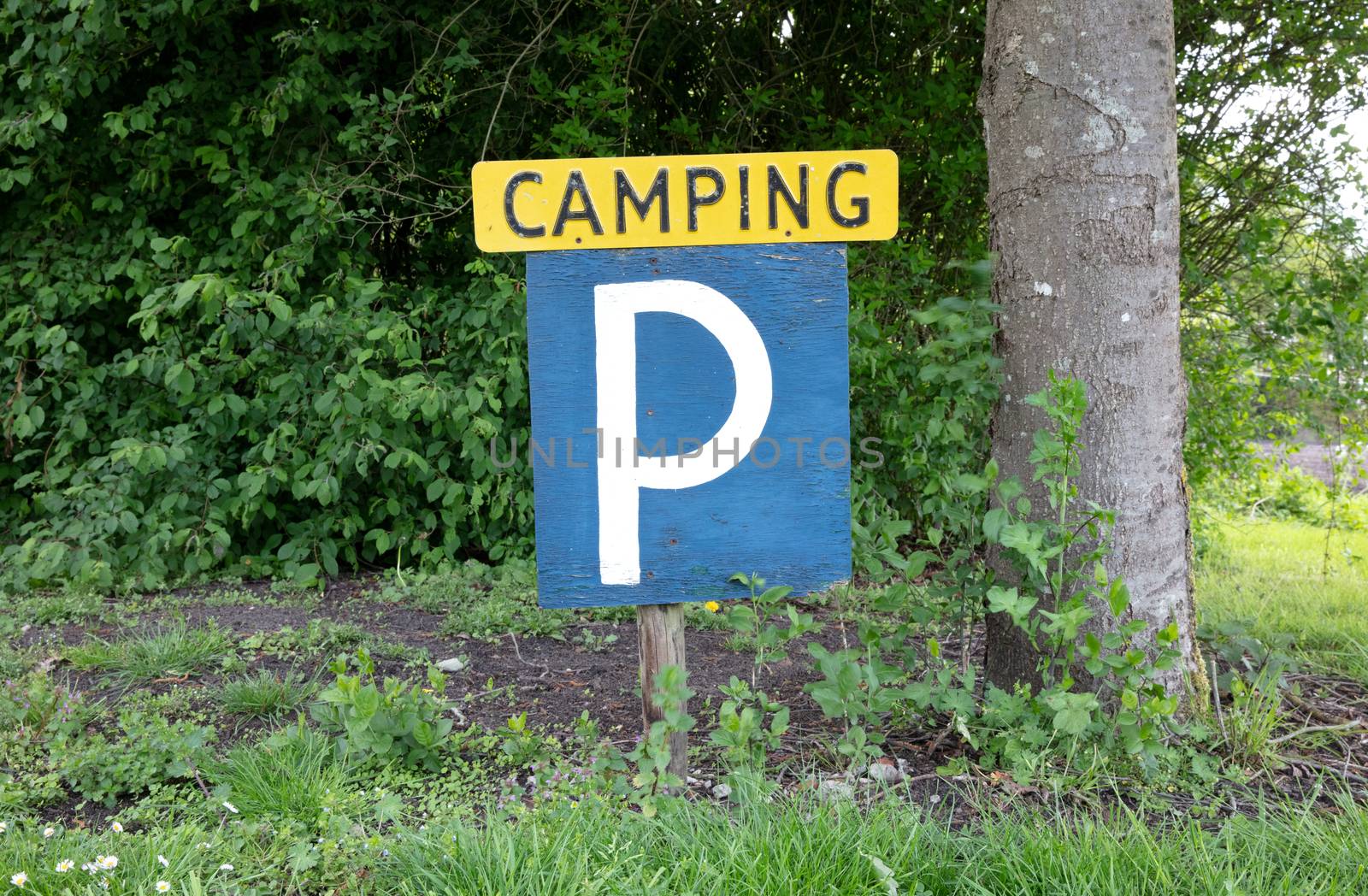 Empty camping site in the Netherlands, big sign