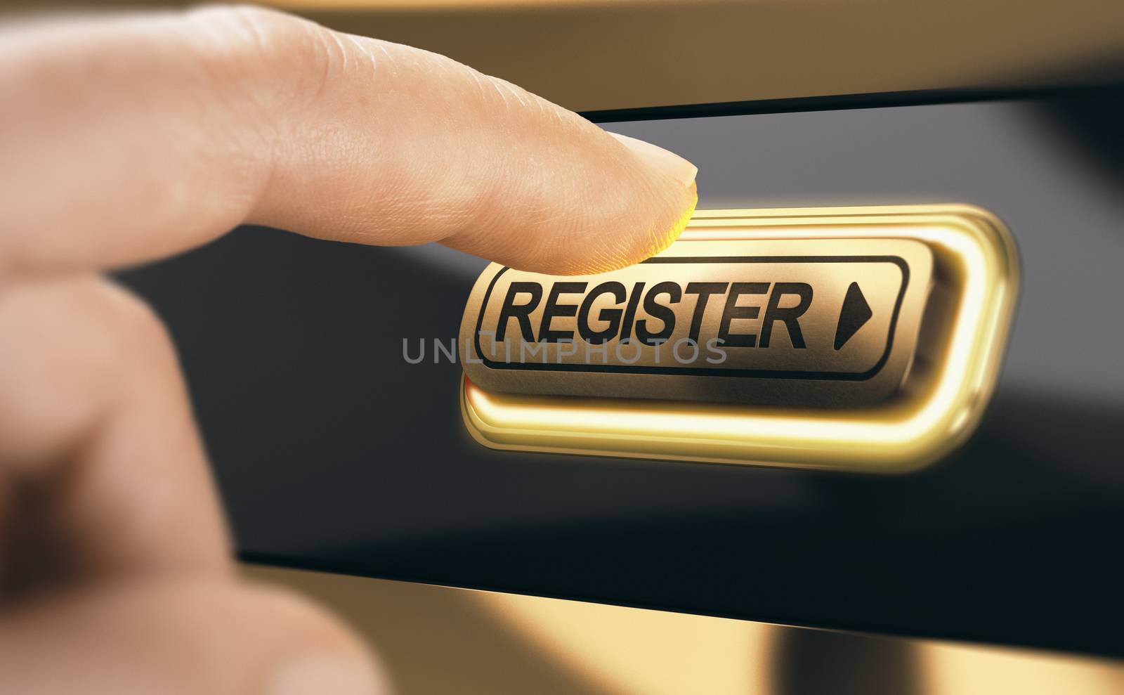 Finger pressing a golden register button to become a new member of an organization. Concept of membership registration. Composite image between a hand photography and a 3D background.