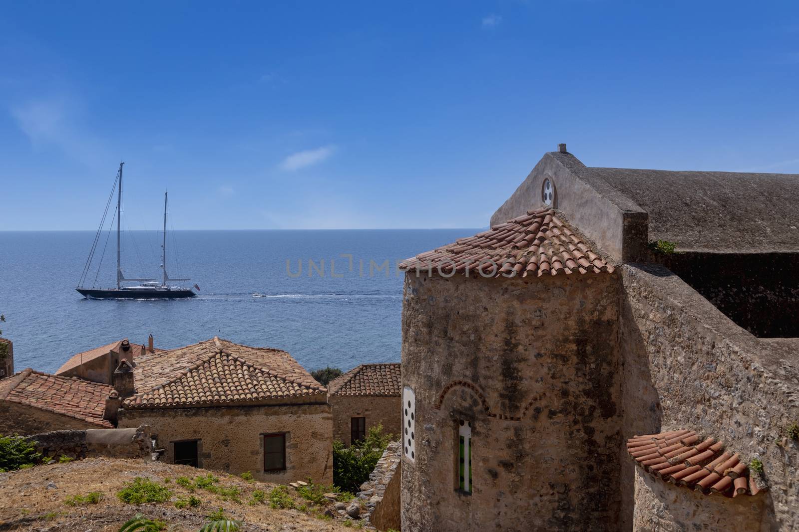 View of the old town of Monemvasia in Lakonia of Peloponnese, Greece.

