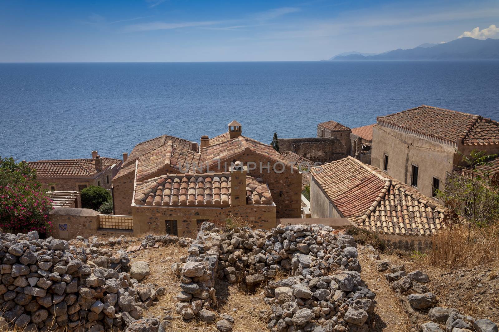 View of the old town of Monemvasia in Lakonia of Peloponnese, Gr by ververidis