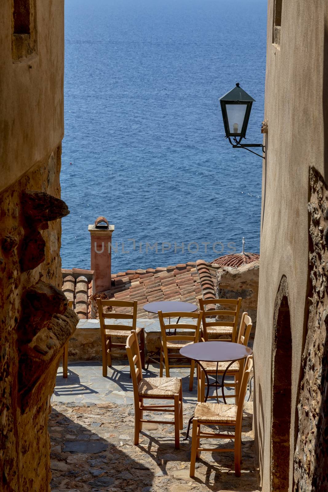 View of the old town of Monemvasia in Lakonia of Peloponnese, Greece.

