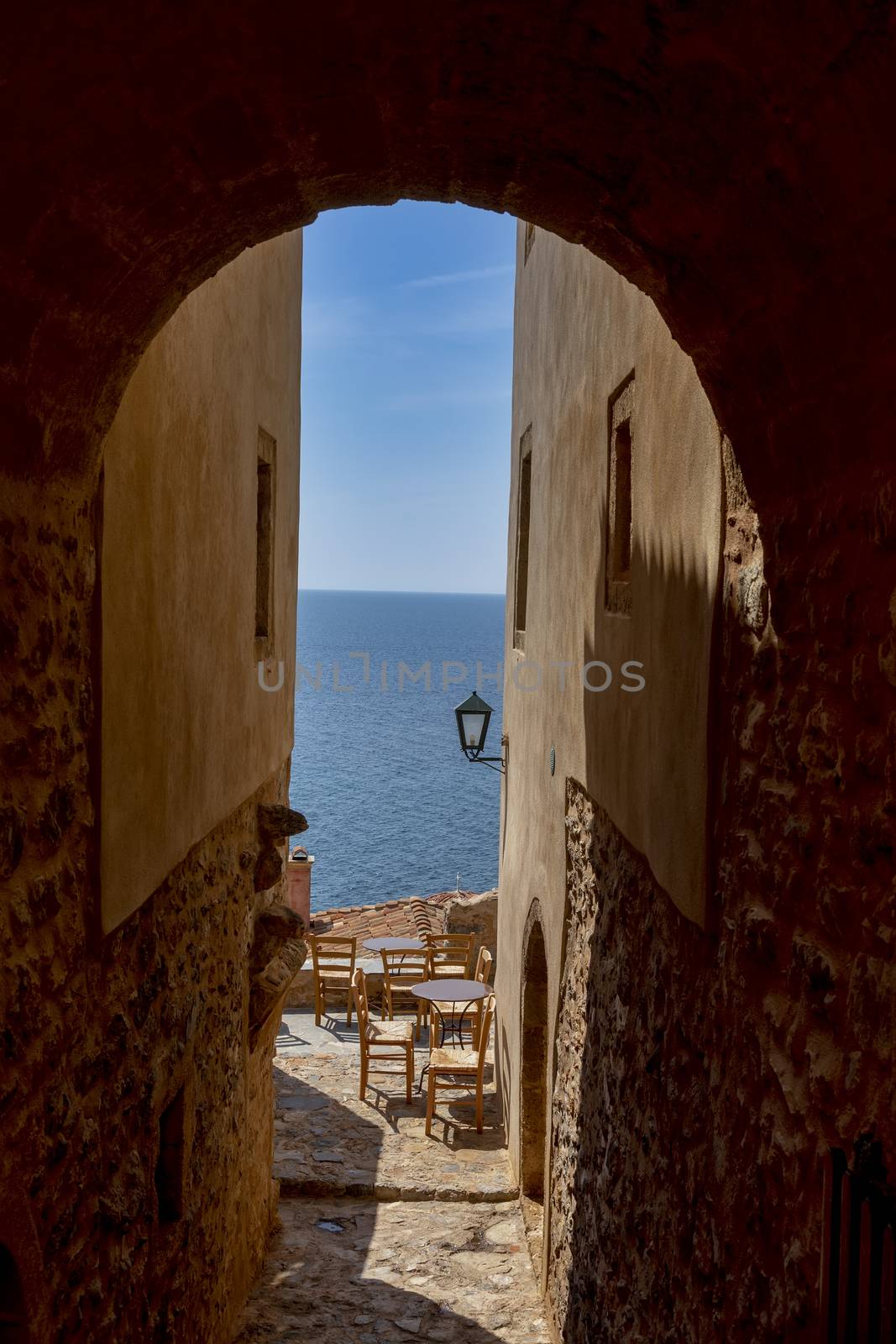 View of the old town of Monemvasia in Lakonia of Peloponnese, Gr by ververidis