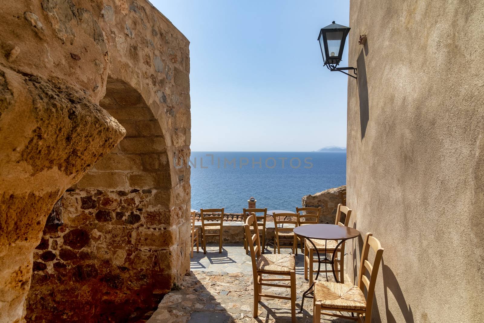 View of the old town of Monemvasia in Lakonia of Peloponnese, Greece.

