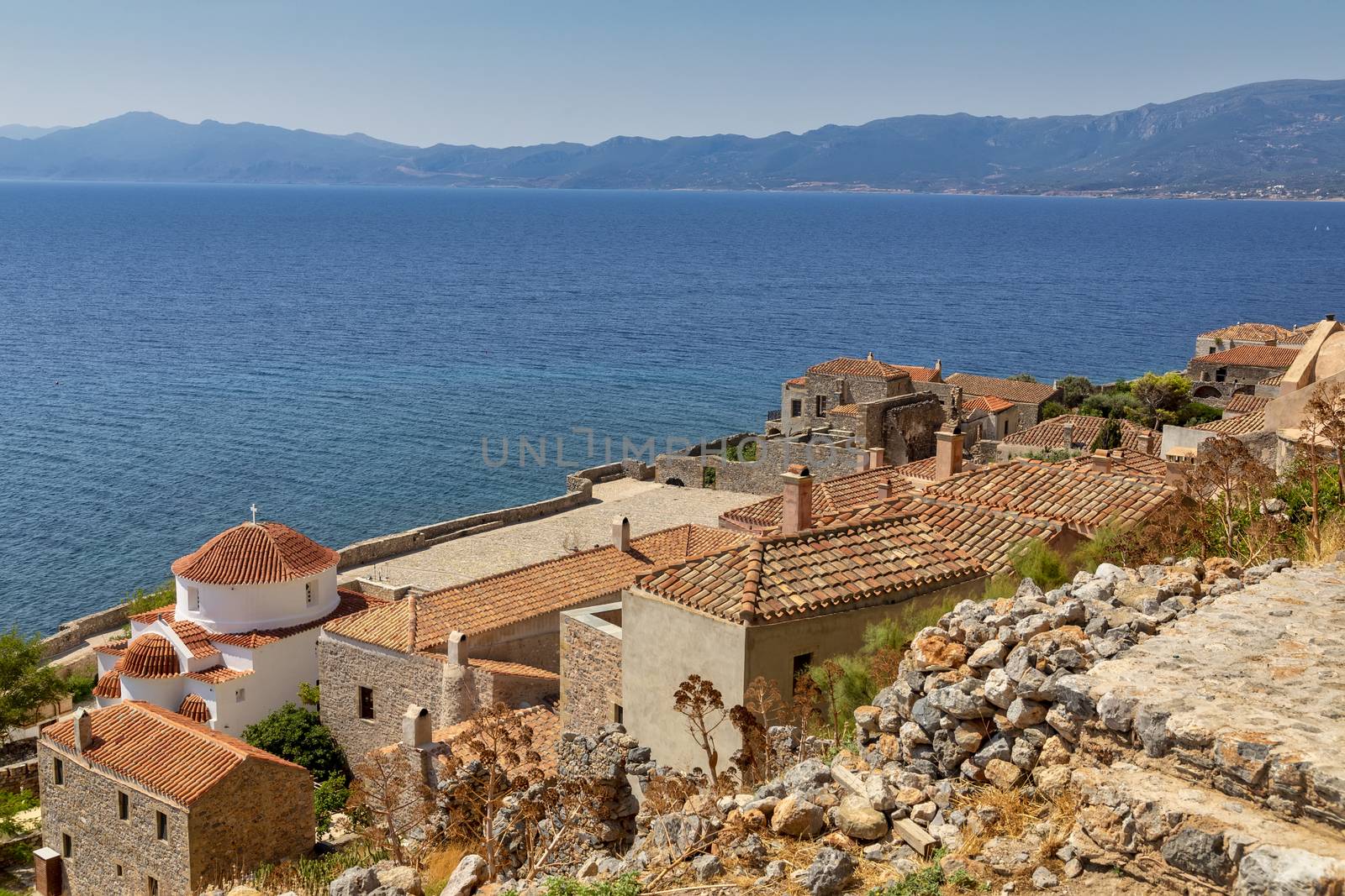 View of the old town of Monemvasia in Lakonia of Peloponnese, Greece.

