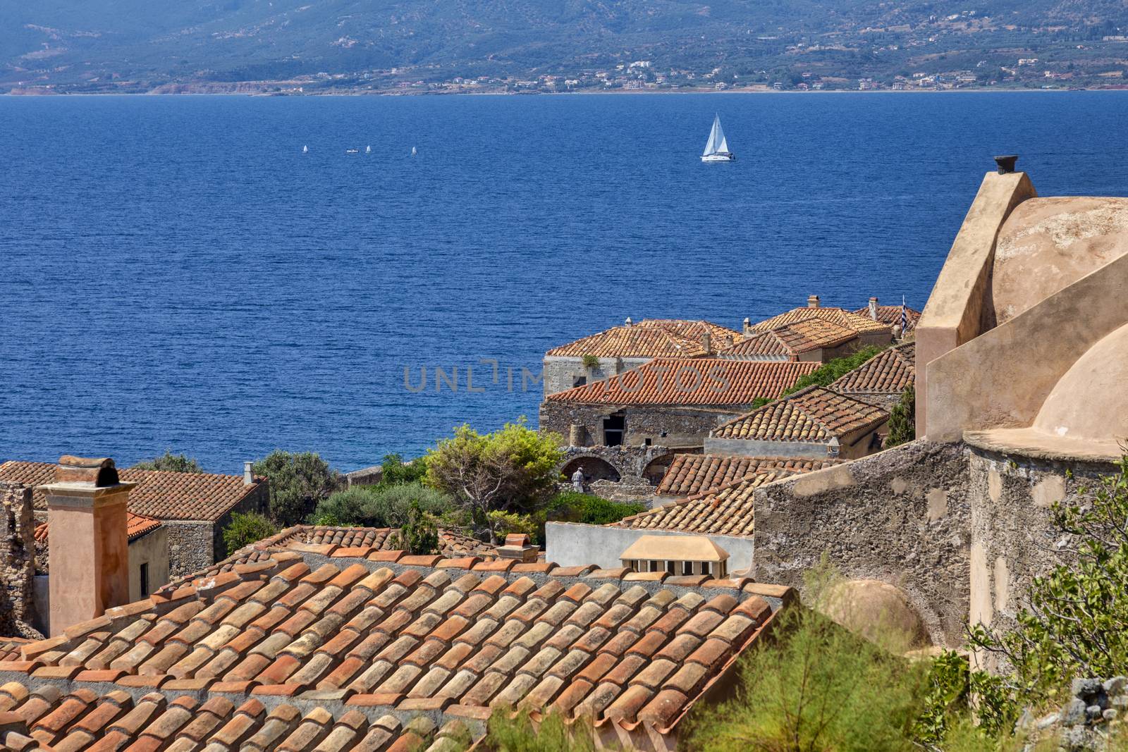 View of the old town of Monemvasia in Lakonia of Peloponnese, Greece.

