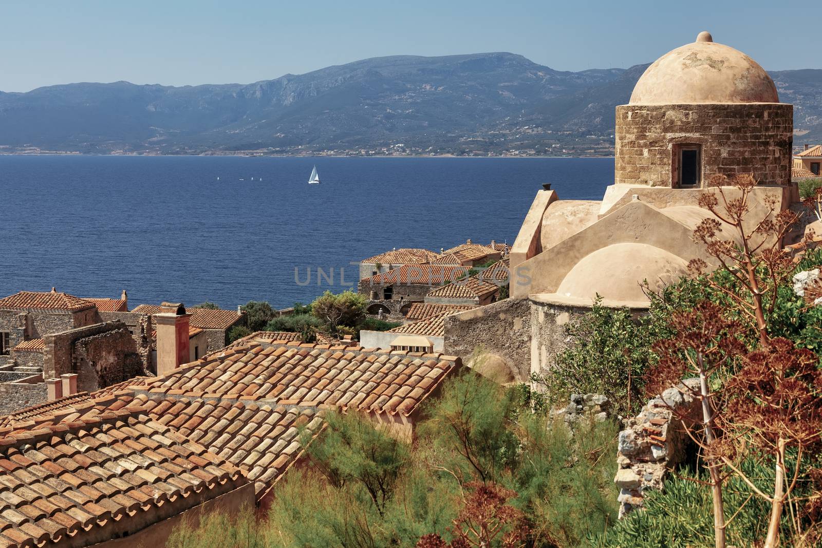 View of the old town of Monemvasia in Lakonia of Peloponnese, Gr by ververidis