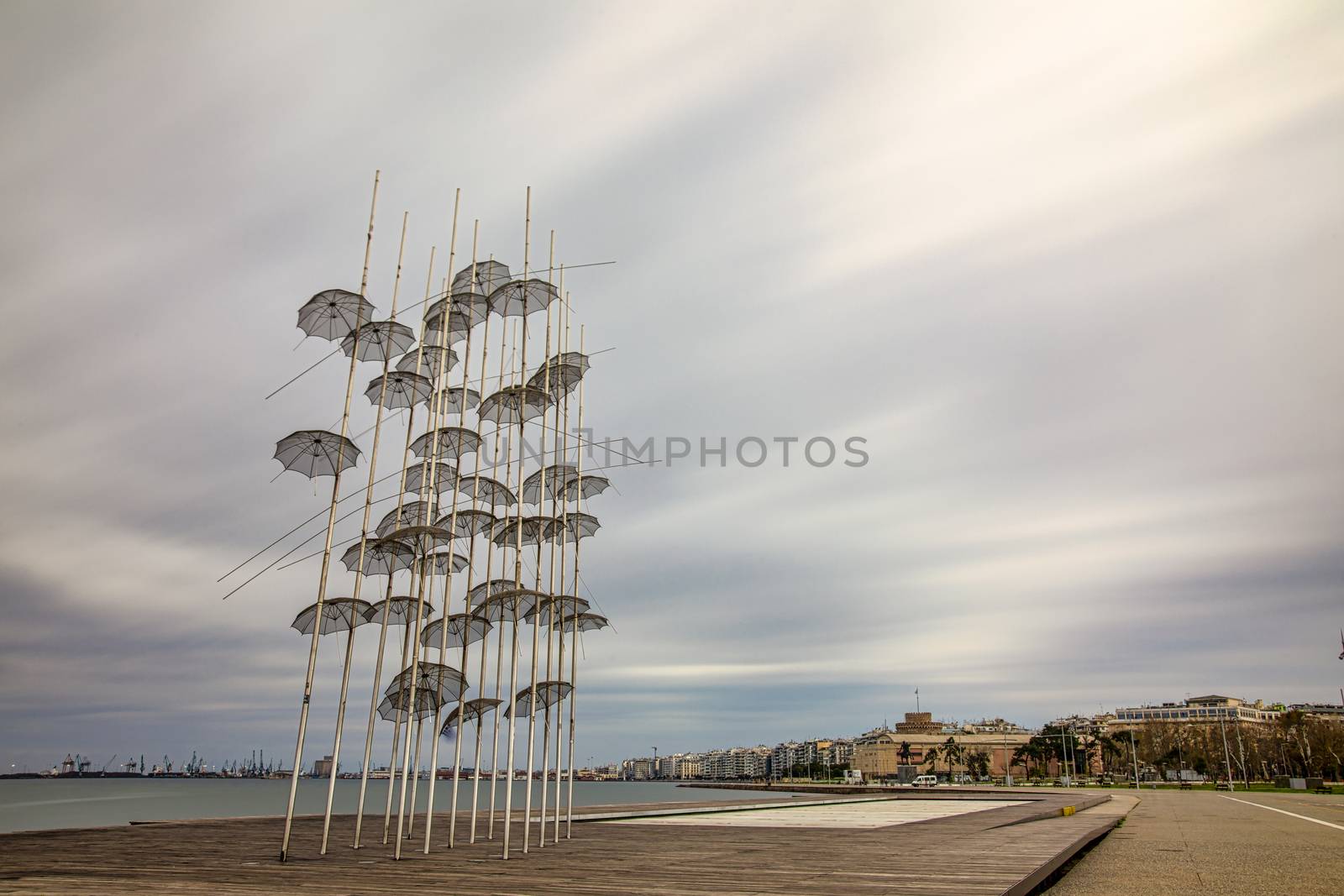 Thessaloniki, Greece - March 26, 2020:A view of empty streets, parks,  and attractions in Thessaloniki after Greece imposed a lockdown to slow down the spread of the coronavirus disease. long exposure