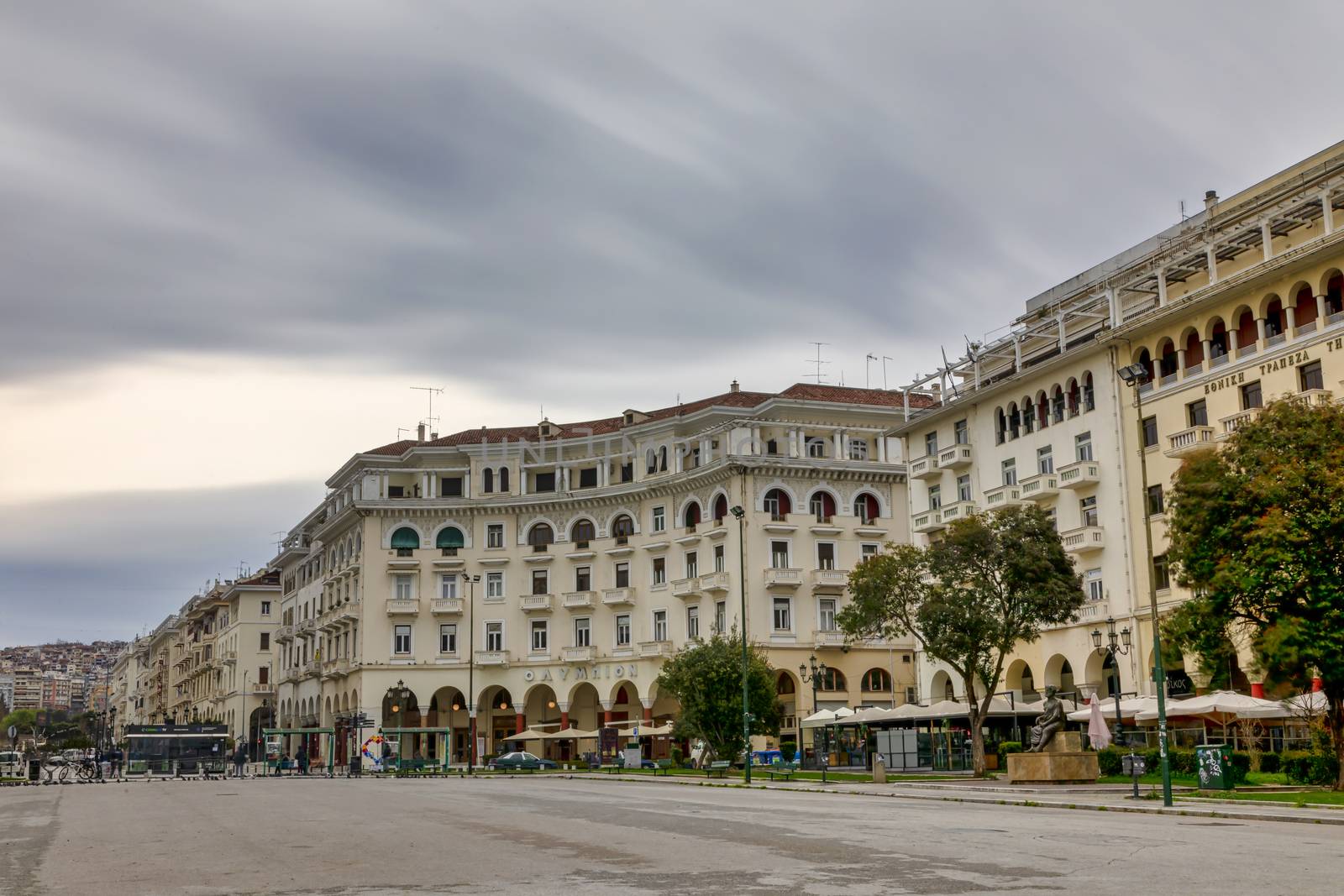 Thessaloniki, Greece - March 26, 2020:A view of empty streets, parks,  and attractions in Thessaloniki after Greece imposed a lockdown to slow down the spread of the coronavirus disease. long exposure