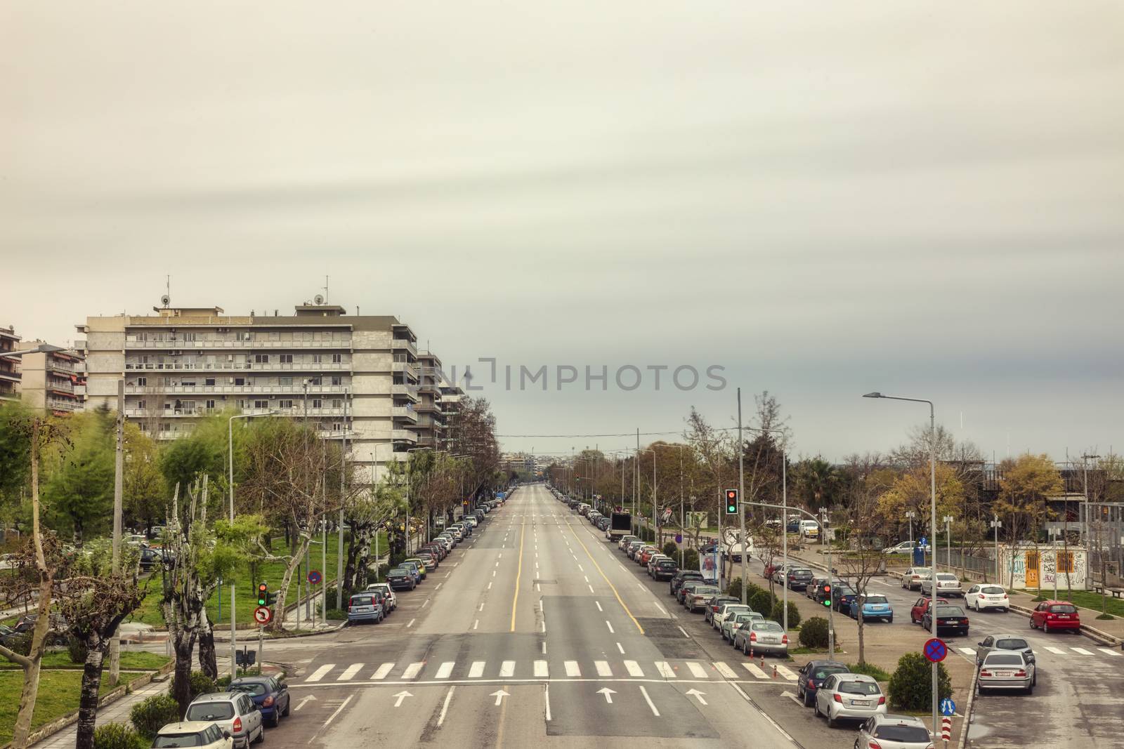 Thessaloniki, Greece - March 26, 2020:A view of empty streets, parks, and attractions in Thessaloniki after Greece imposed a lockdown to slow down the spread of the coronavirus disease. long exposure