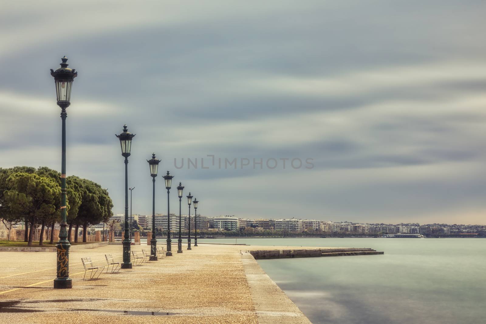 Thessaloniki, Greece - March 26, 2020:A view of empty streets, parks, and attractions in Thessaloniki after Greece imposed a lockdown to slow down the spread of the coronavirus disease. long exposure