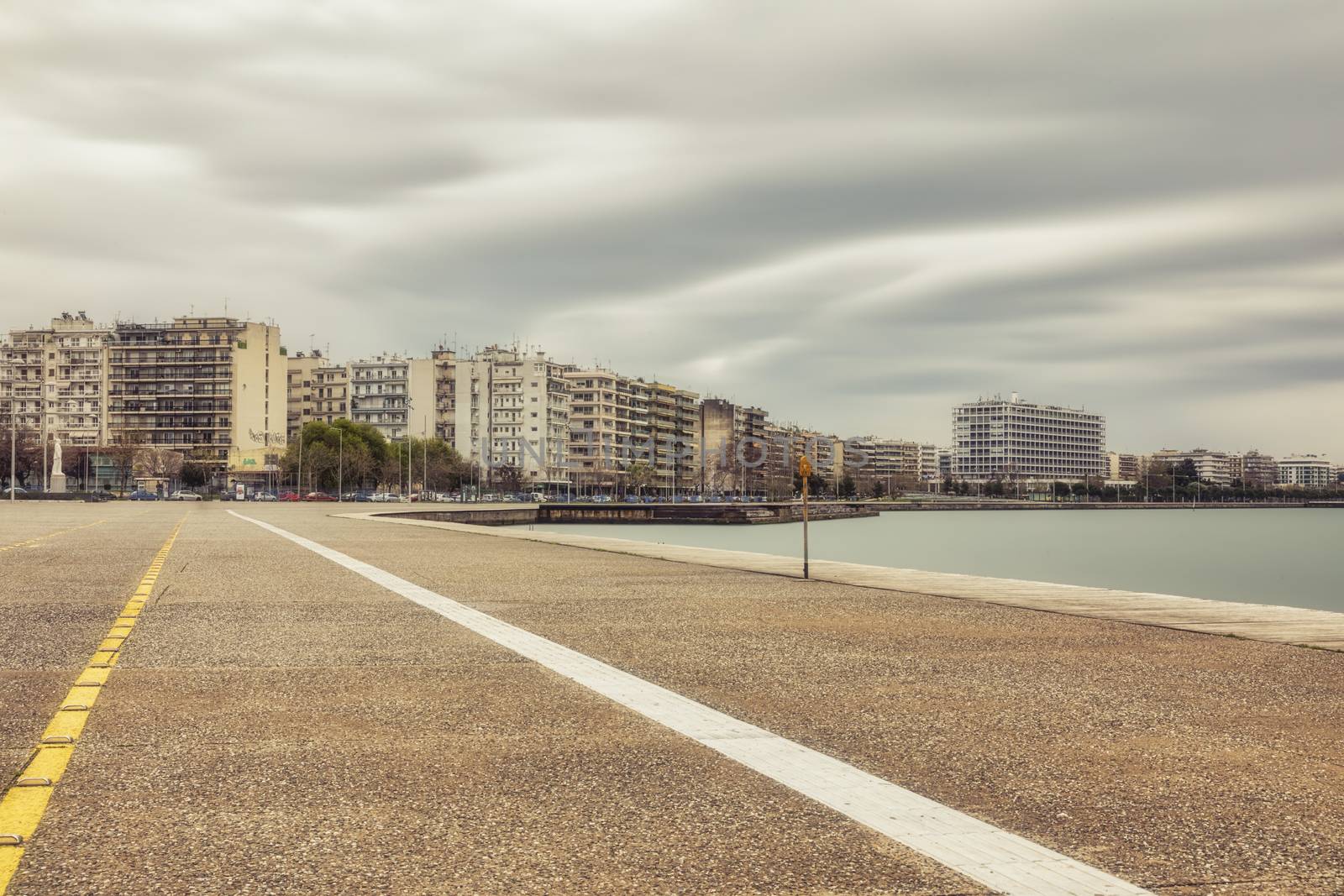 Thessaloniki, Greece - March 26, 2020:A view of empty streets, parks, and attractions in Thessaloniki after Greece imposed a lockdown to slow down the spread of the coronavirus disease. long exposure