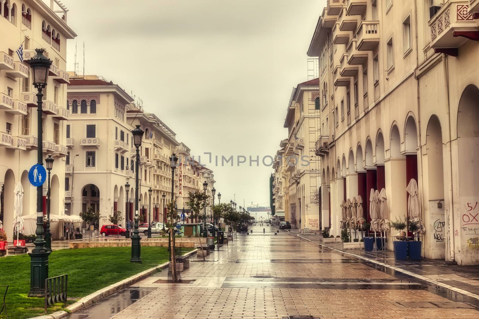 Thessaloniki, Greece - March 26, 2020:A view of empty streets, parks,  and attractions in Thessaloniki after Greece imposed a lockdown to slow down the spread of the coronavirus disease. long exposure