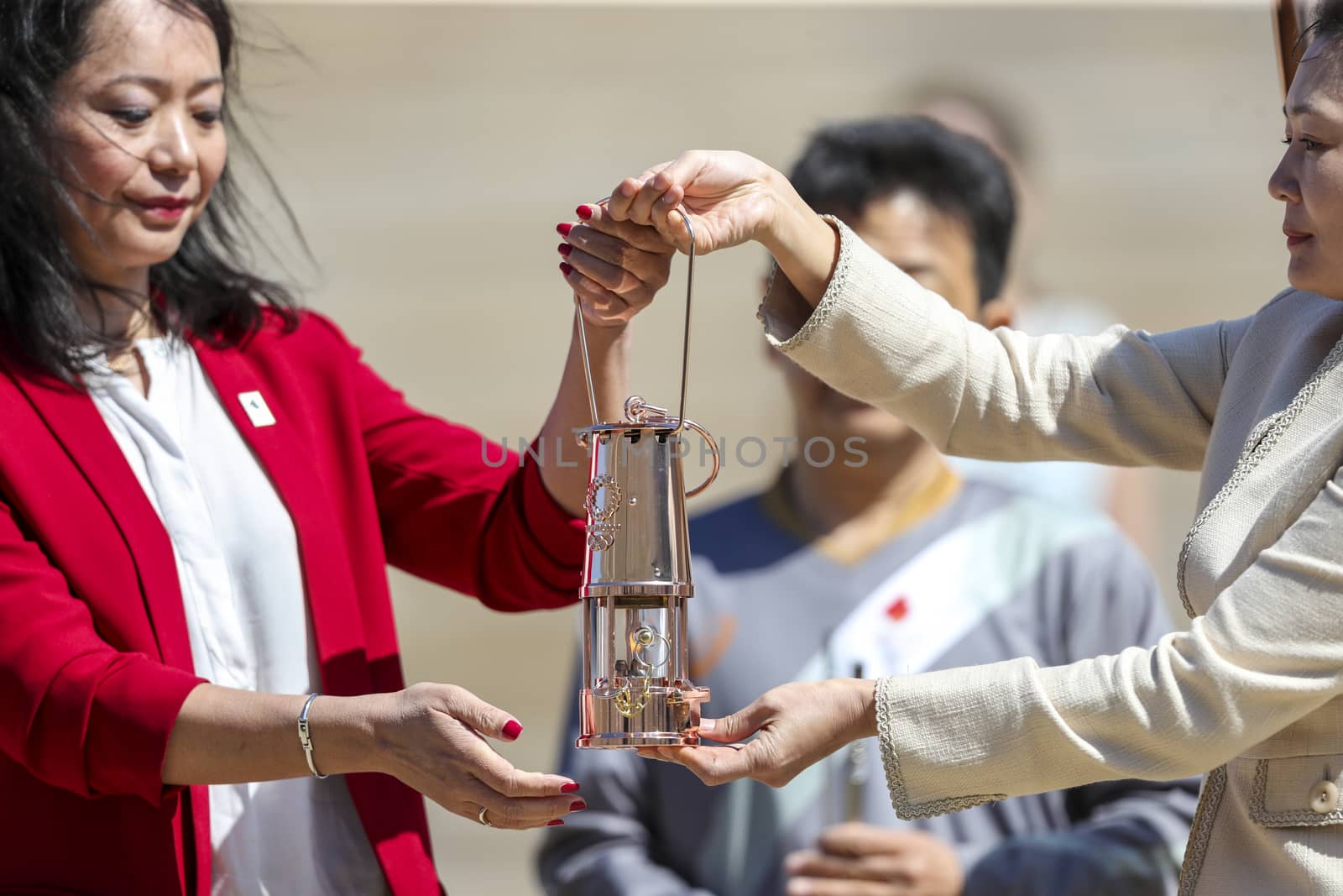 Athens, Greece - March 19, 2020: Olympic Flame handover ceremony for the Tokyo 2020 Summer Olympic Games at the Panathenaic Kallimarmaro Stadium