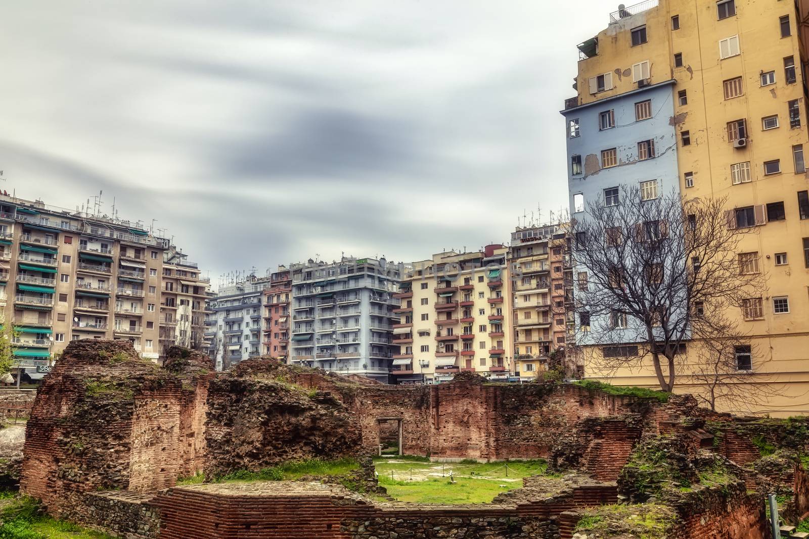 Thessaloniki, Greece - March 26, 2020:A view of empty streets, parks,  and attractions in Thessaloniki after Greece imposed a lockdown to slow down the spread of the coronavirus disease. long exposure