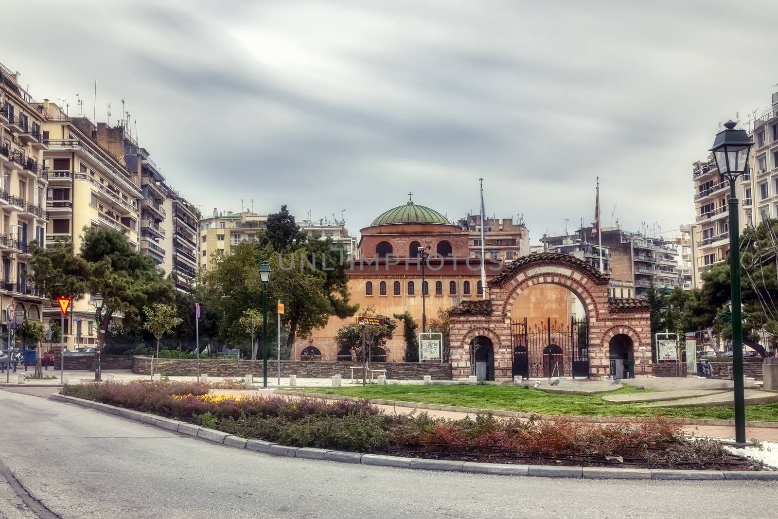 Thessaloniki, Greece - March 26, 2020:A view of empty streets, parks,  and attractions in Thessaloniki after Greece imposed a lockdown to slow down the spread of the coronavirus disease. long exposure