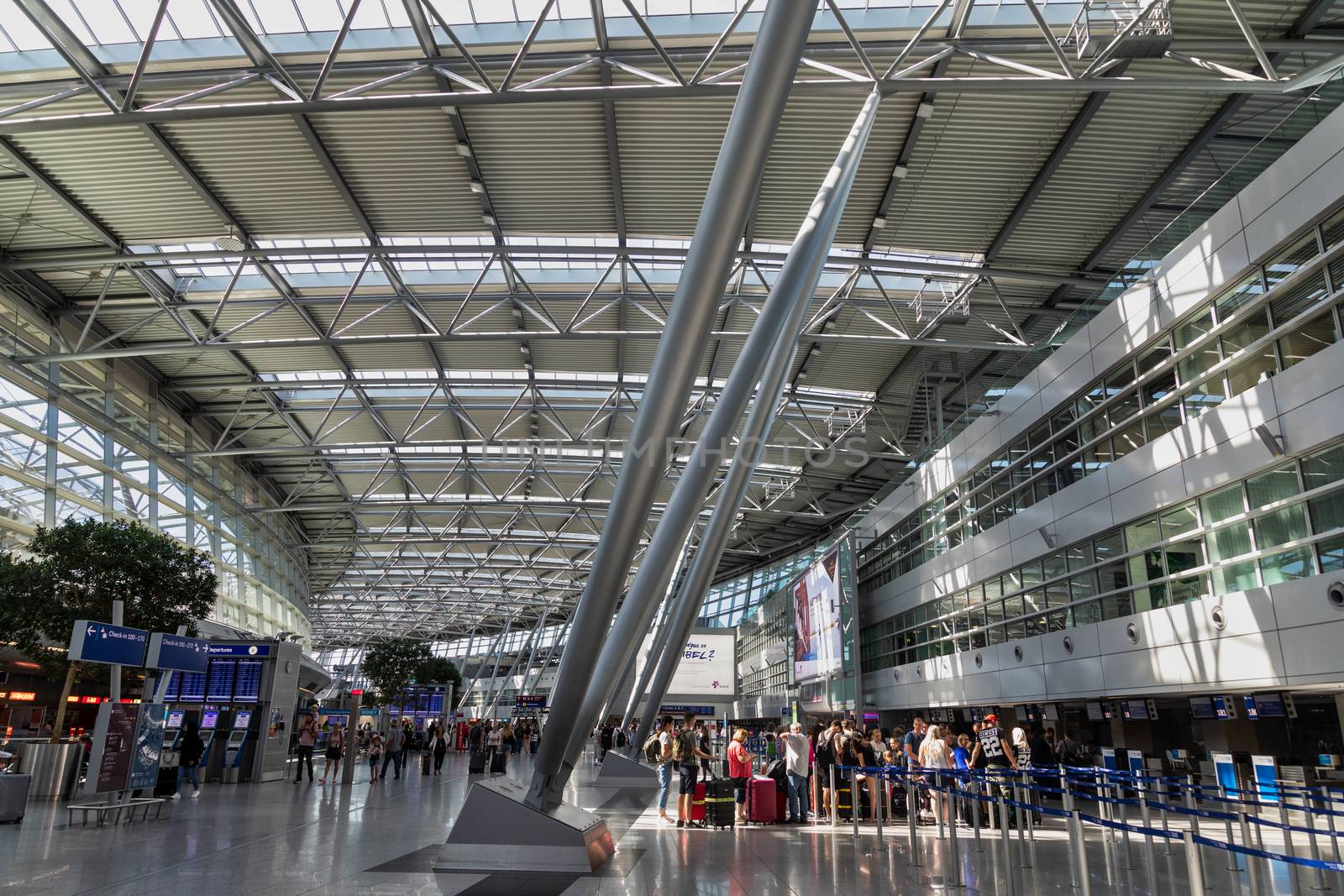 Dusseldorf, Germany - July 3, 2018: Hall of a departure of the airport Dusseldorf International. Dusseldorf Airport located approximately 7 kilometres north of downtown Dusseldorf
