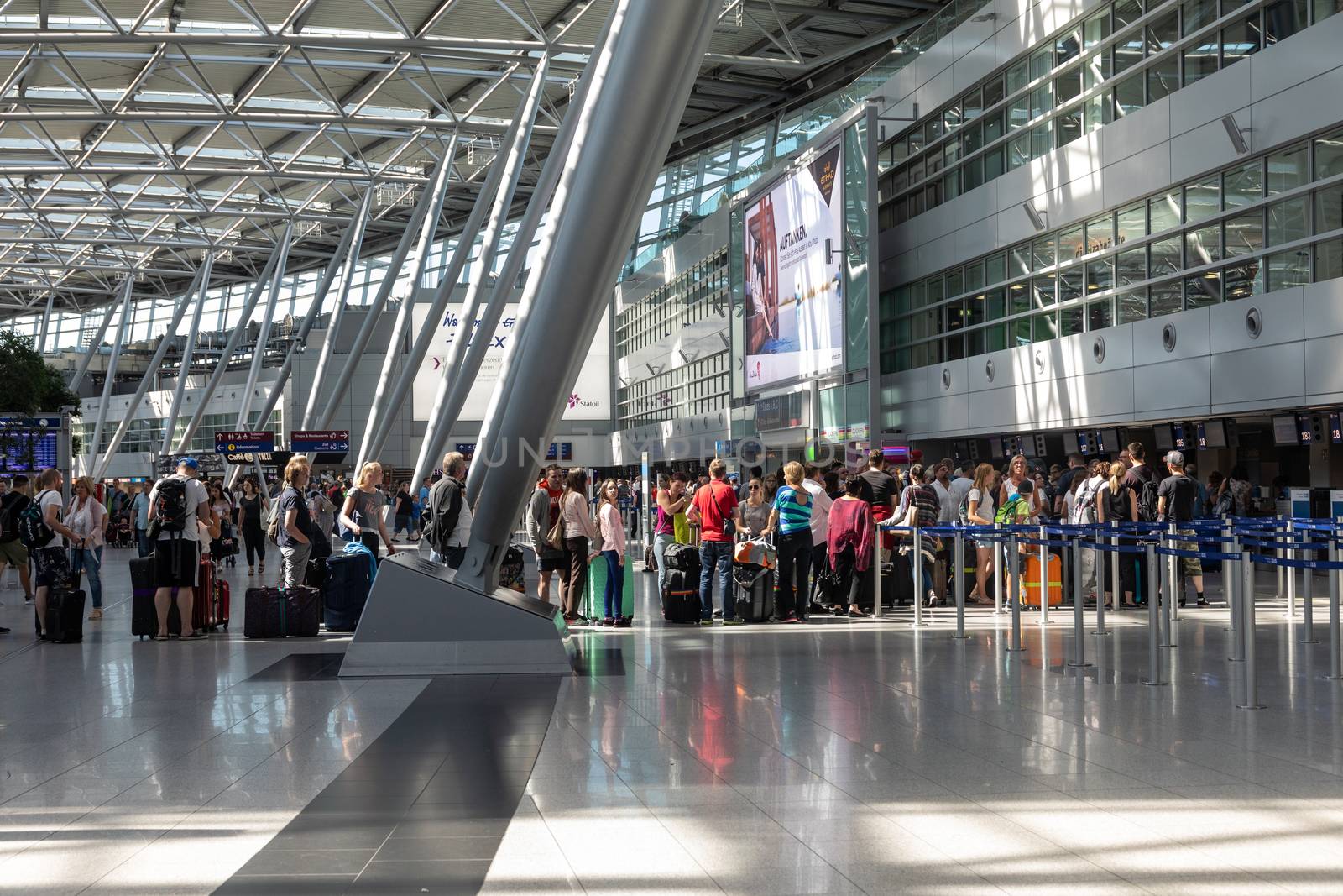 Dusseldorf, Germany - July 3, 2018: Hall of a departure of the airport Dusseldorf International. Dusseldorf Airport located approximately 7 kilometres north of downtown Dusseldorf